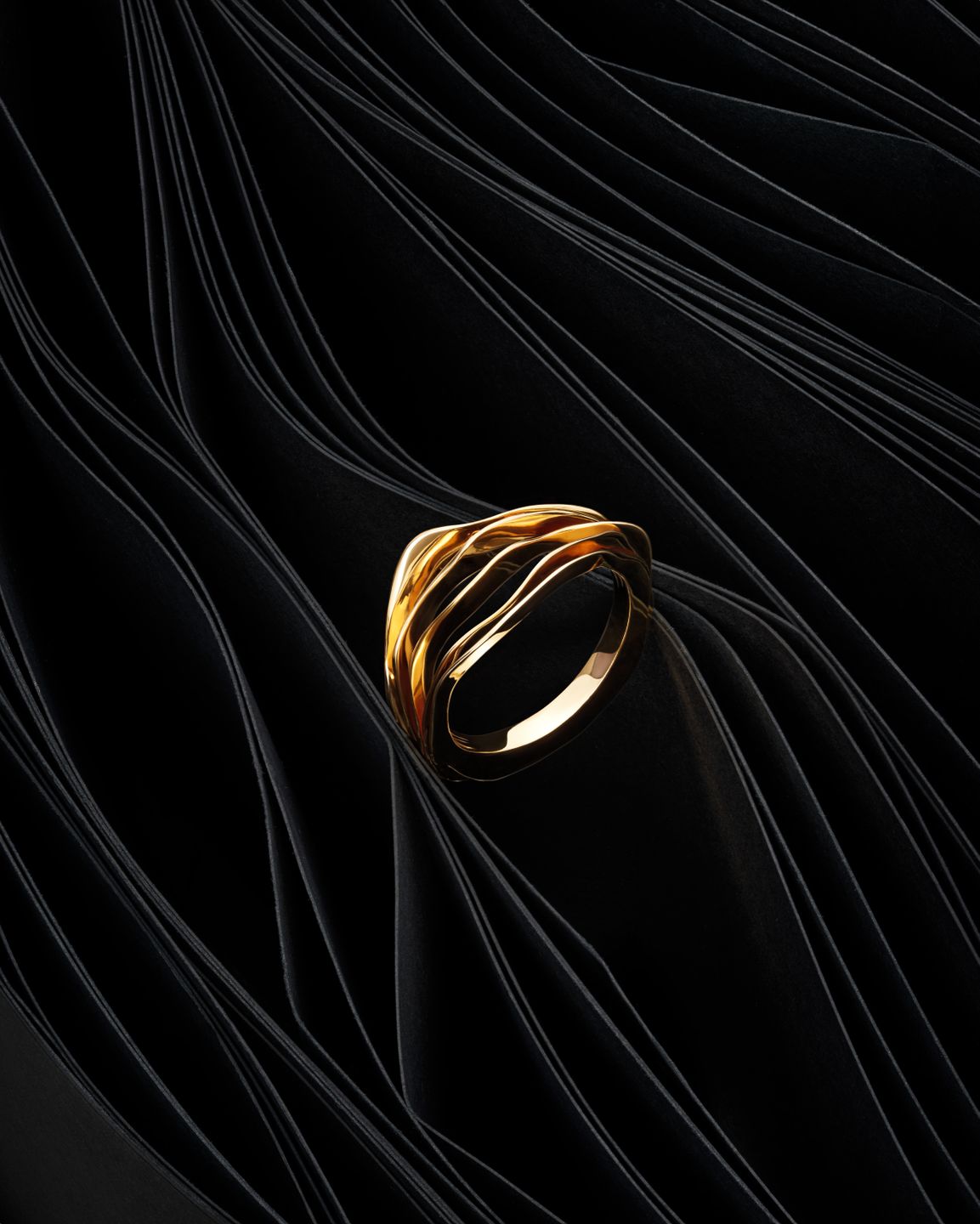 Single gold ring by Lisa Motte on black paper background with flowing lines, highlighting the organic leaf-inspired design.