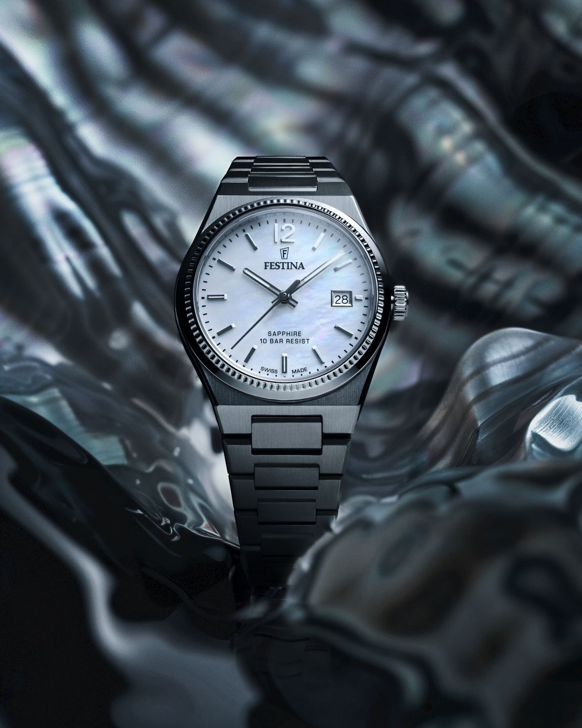 a silver festina watch sitting on top of water generated with AI