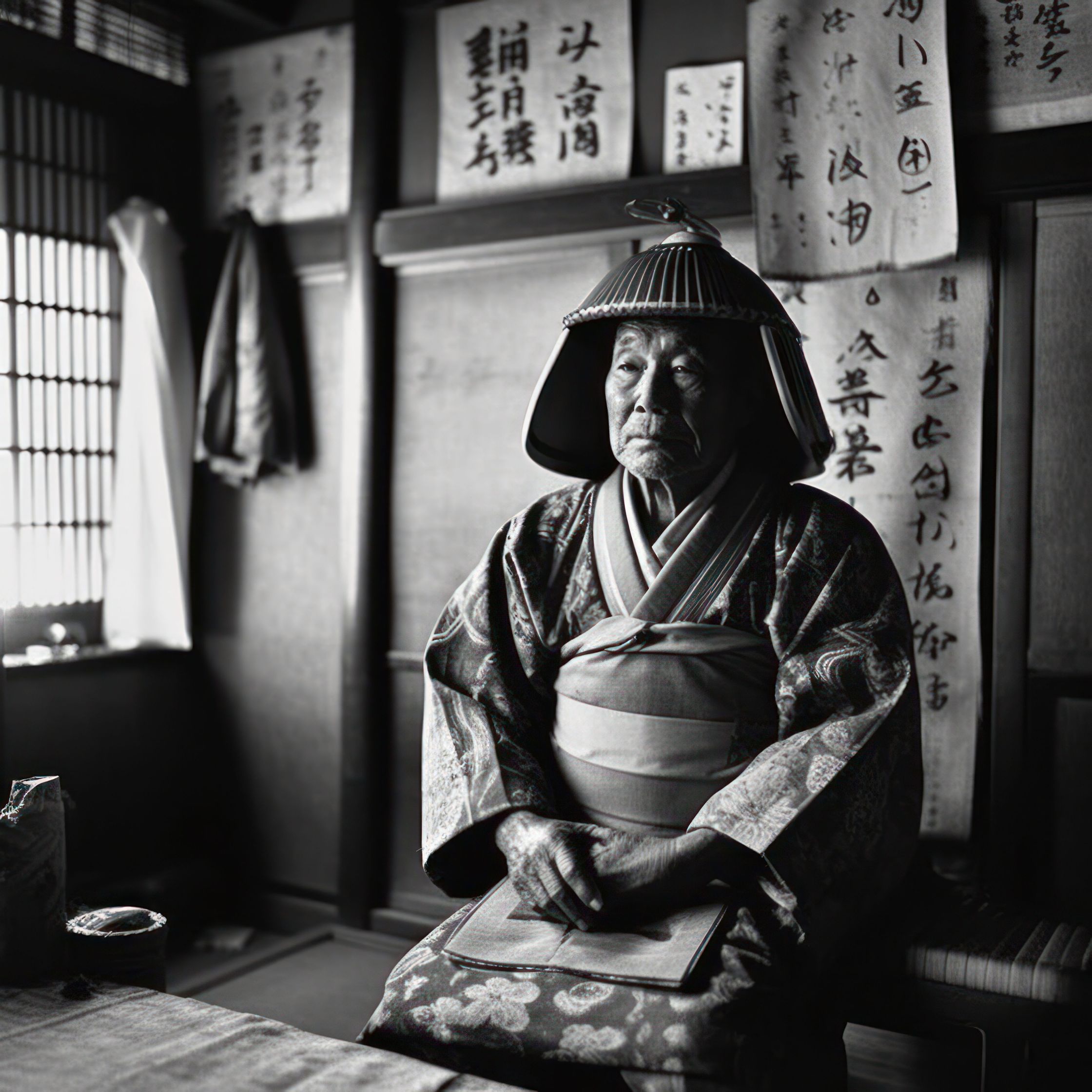 a japanese man sitting in a traditional kimono