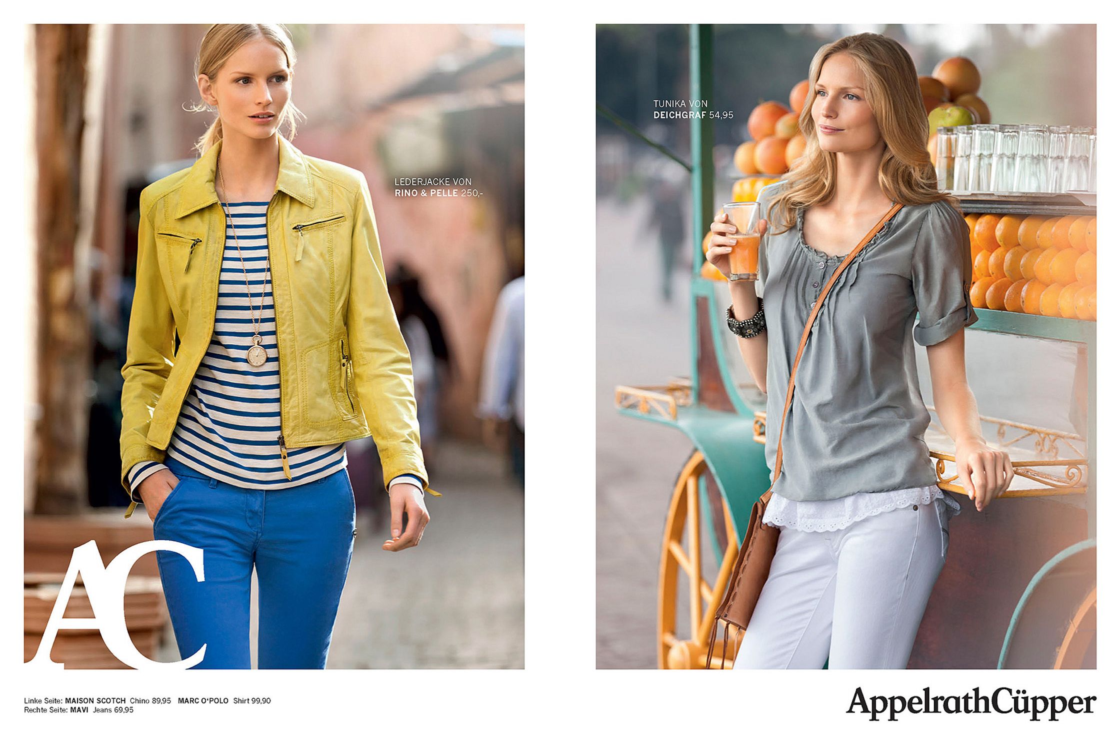 a woman in jeans and a jacket is standing next to an orange cart fashion retouche