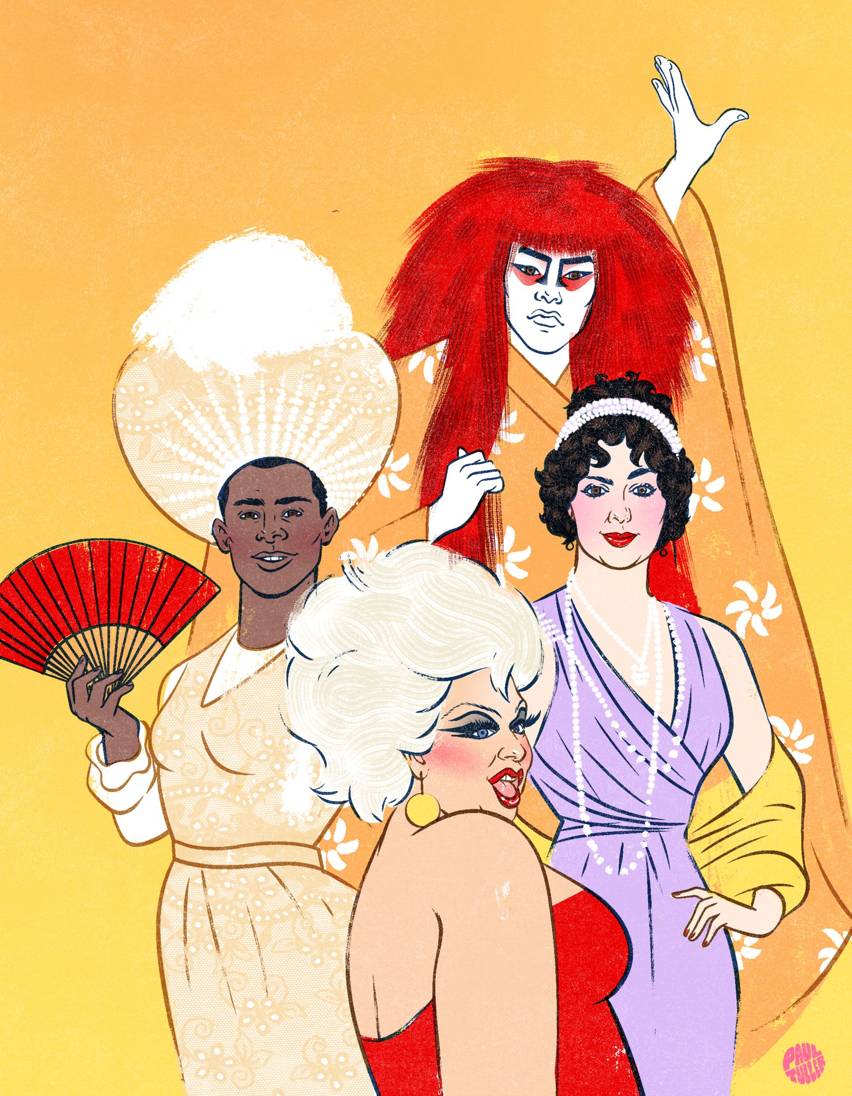 the history of drag queens illustration by Paul Tuller, featuring Divine 