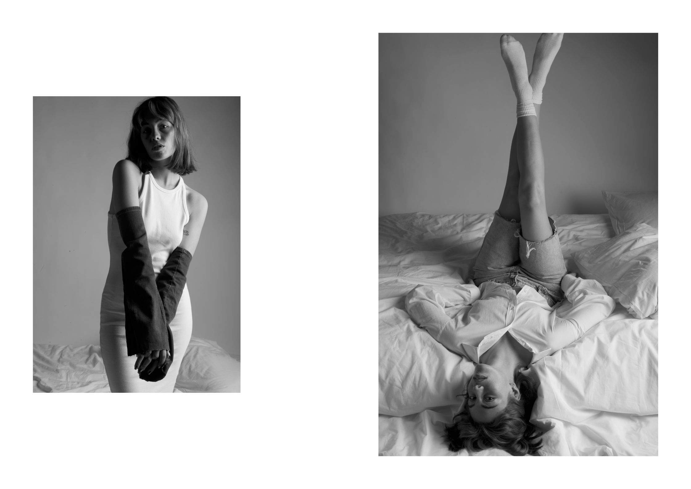 two black and white photos of a woman laying on a bed