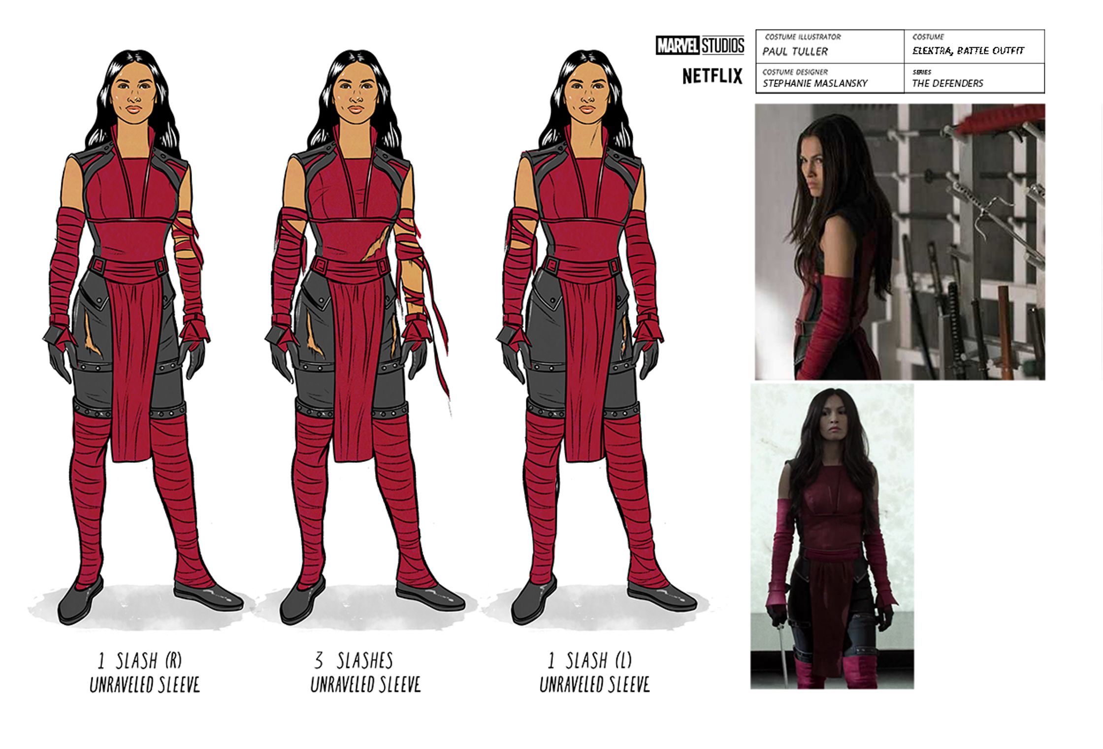 Costume illustrations by Paul Tuller of Elektra for the Netflix Marvel show The Defenders