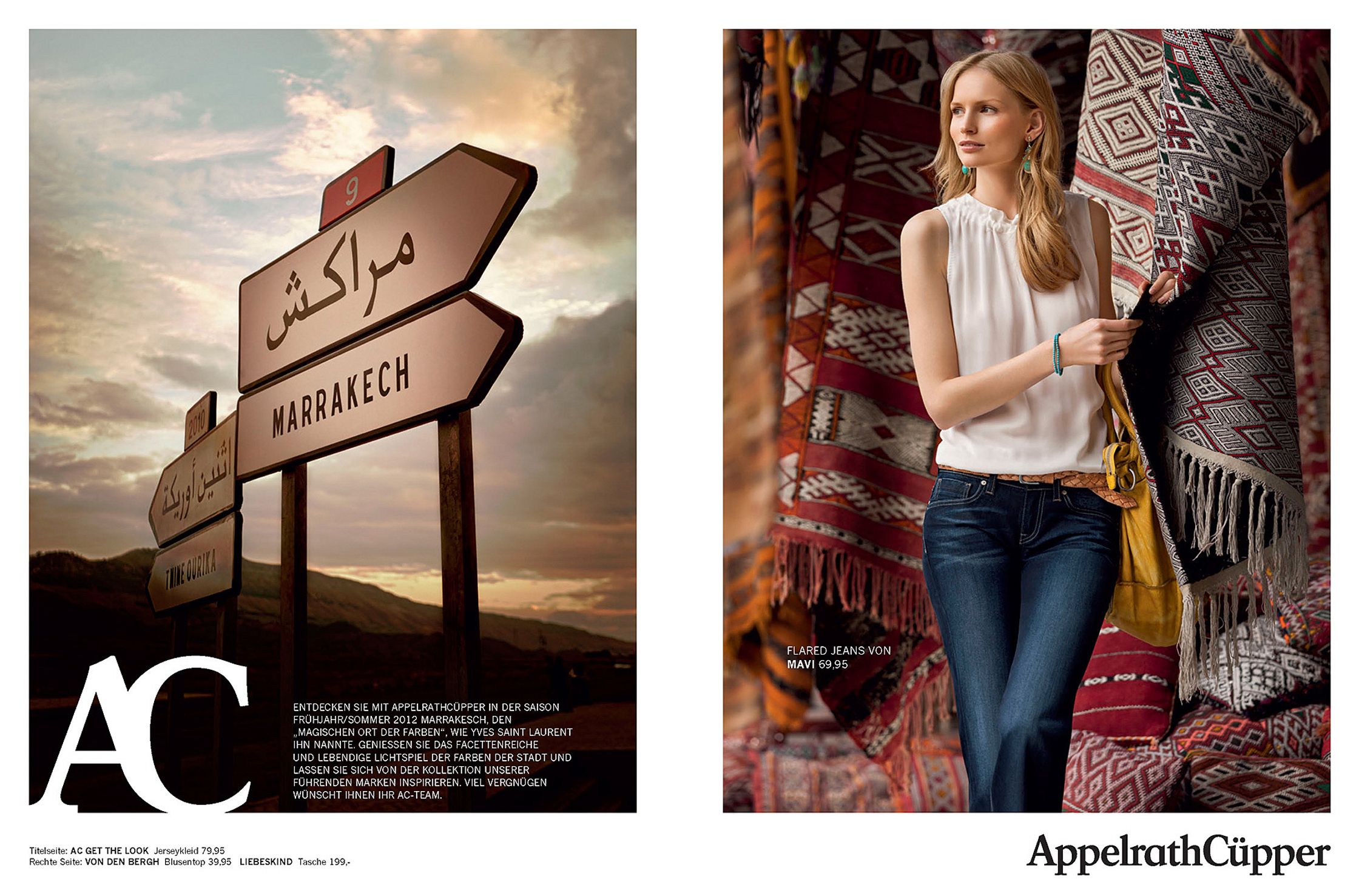 a woman is standing next to a rug and a sign fashion Post Production