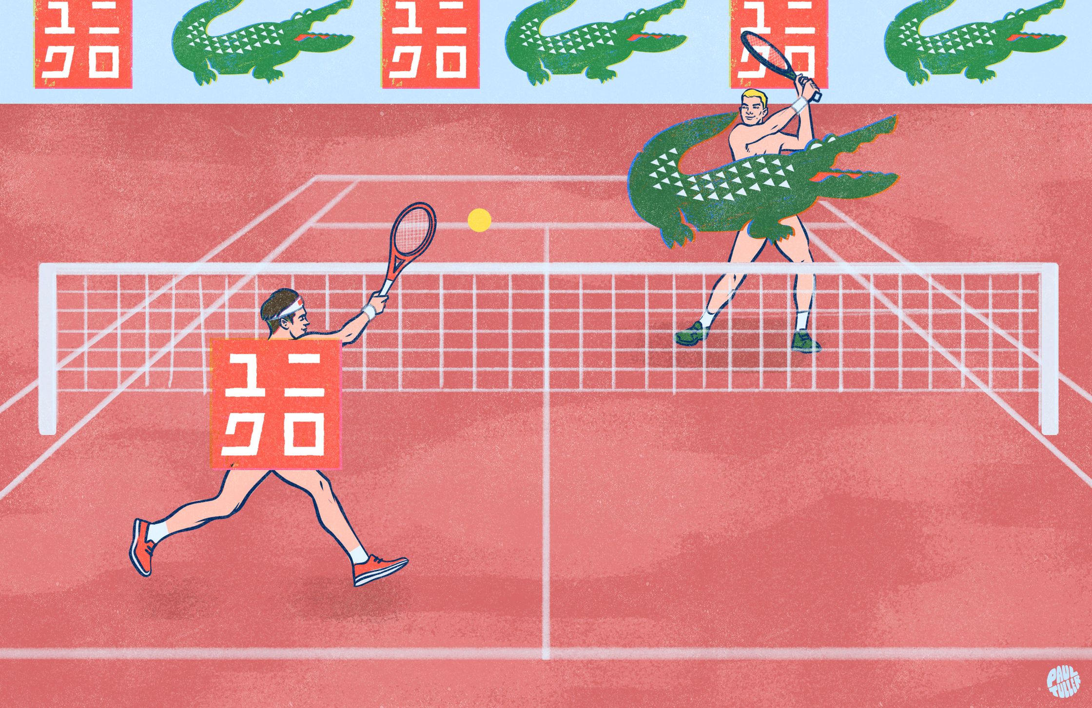 a tennis court with two male players that are heavily branded, illustration by Paul Tuller