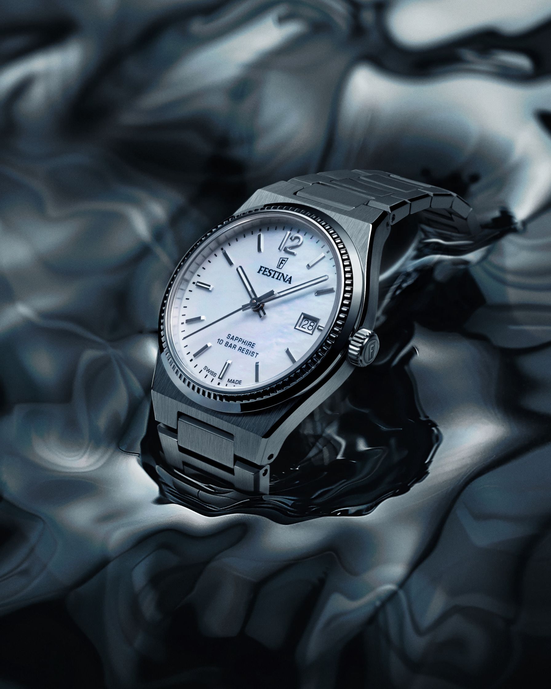 a silver festina watch photographed and combined with water like background generated with Midjourney