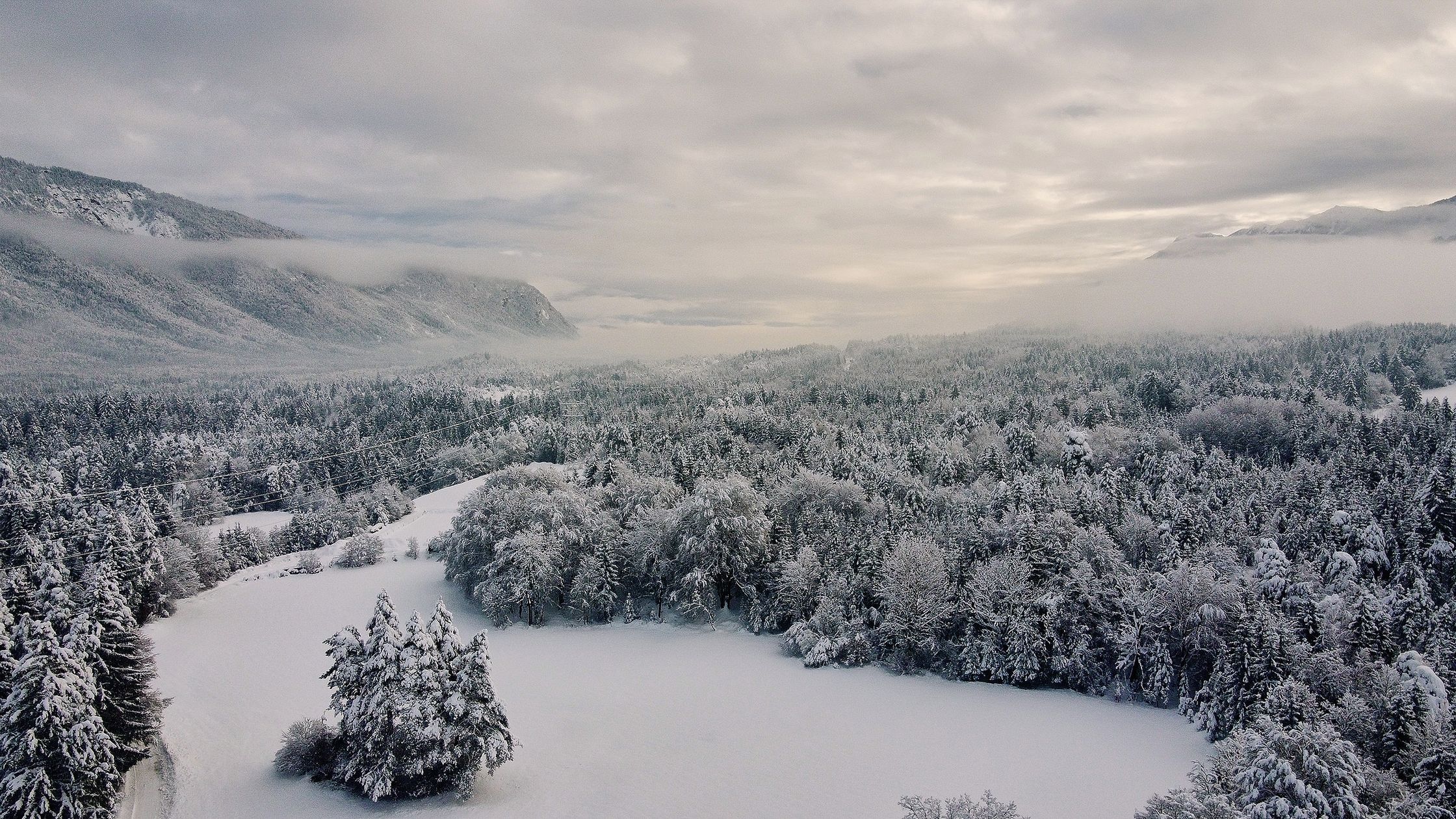 Winterlandschaft. Drohnenaufnahme vom Naturpark Schütt