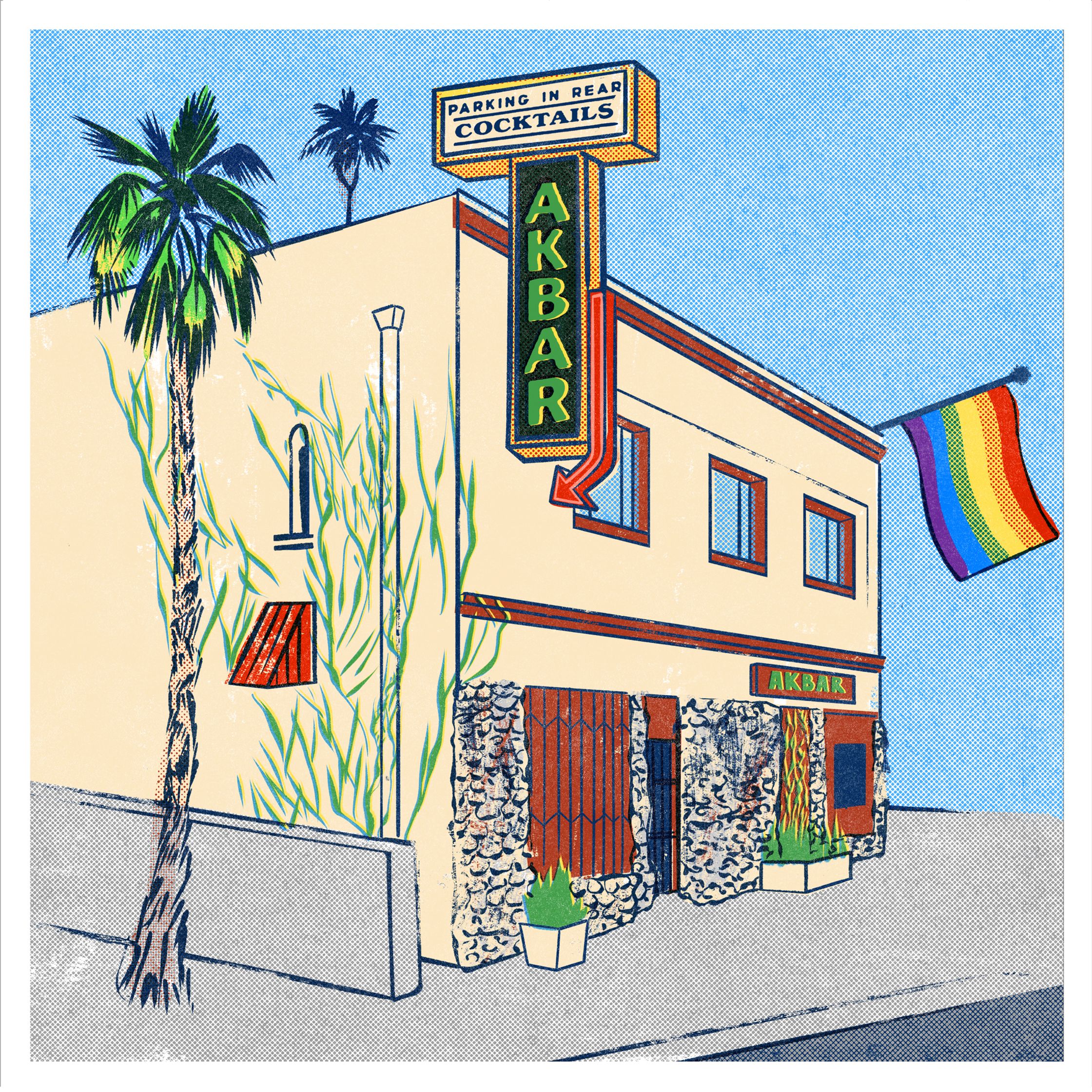 a drawing of a building with a rainbow flag on it, gay bar illustration by Paul Tuller of Akbar Silverlake Los Angeles