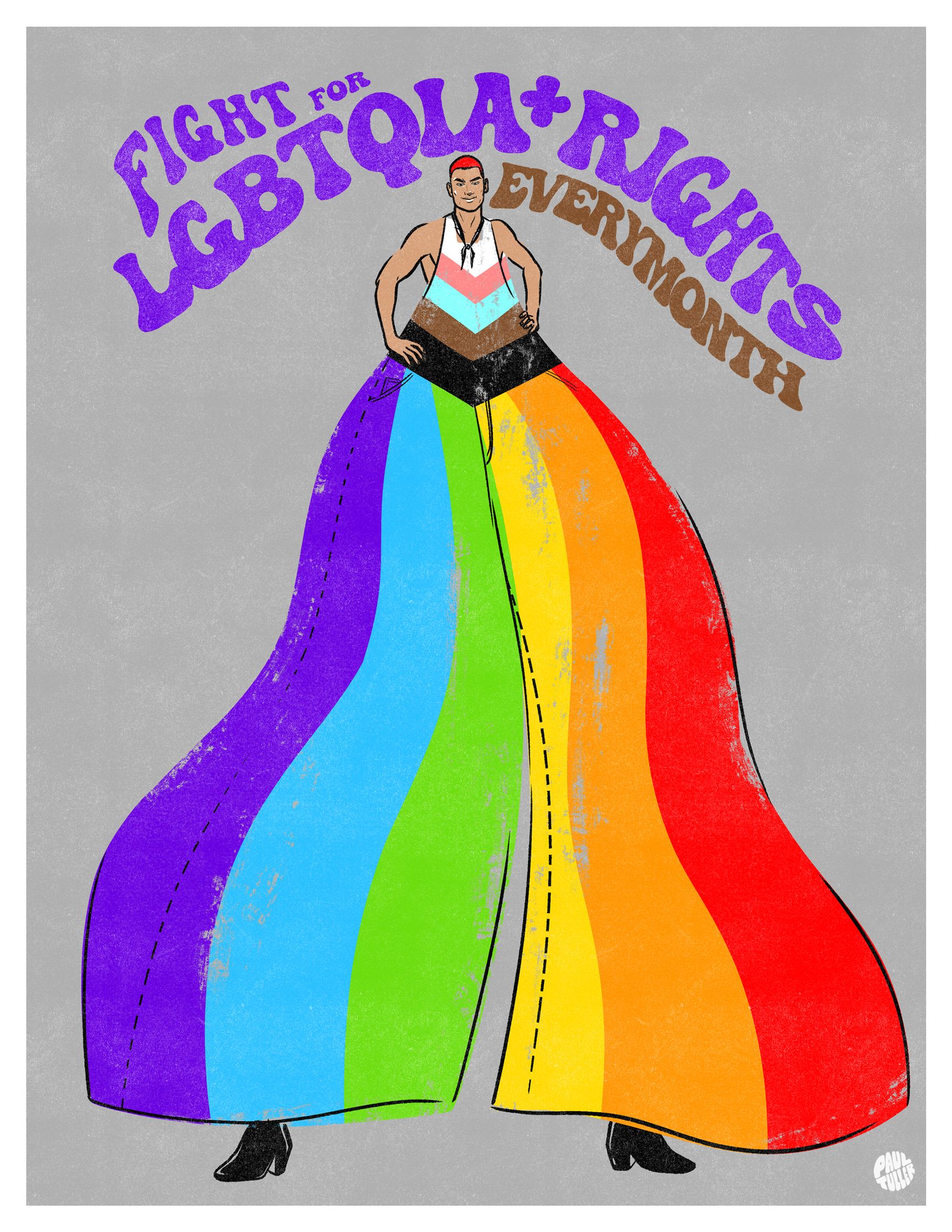 LGBTQ+ pride illustration by paul tuller for HP. Rainbow pride outfit, fight for LGBTQ rights