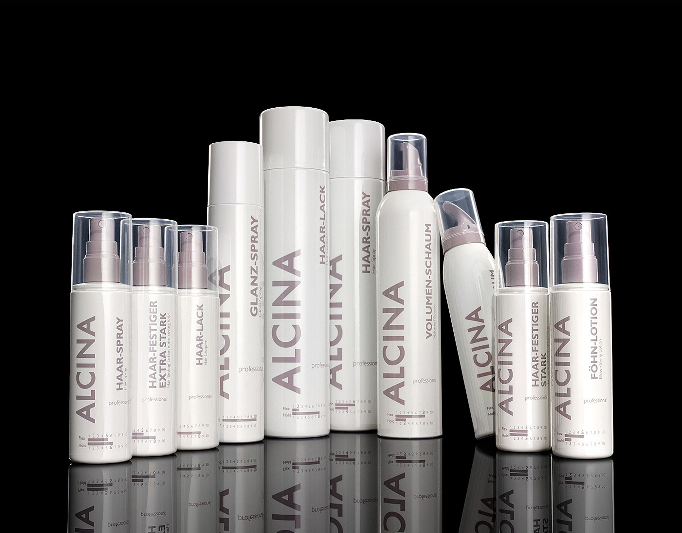 alcina hair care products on a black background retouch cosmetic