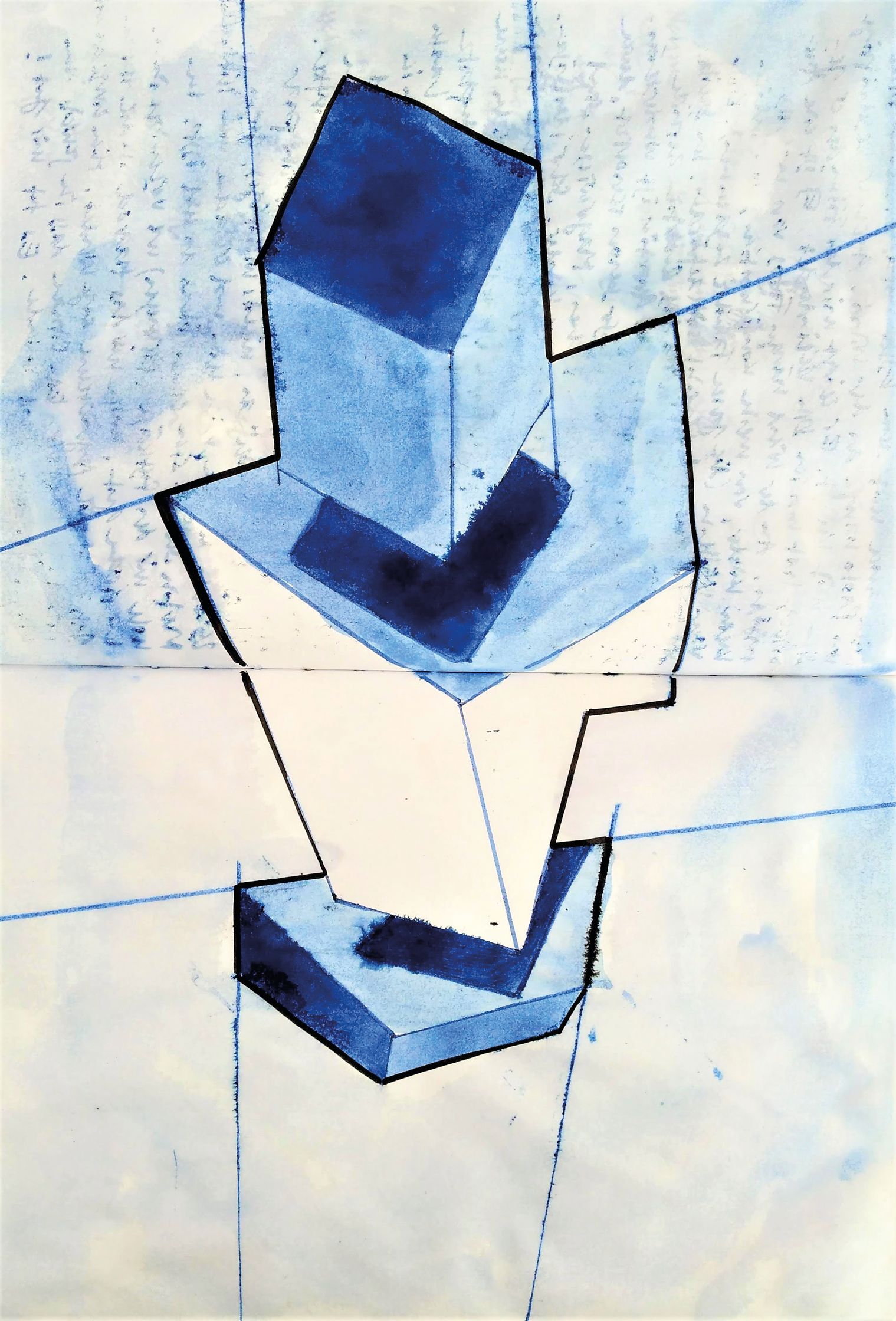 a drawing of a blue cube on a piece of paper