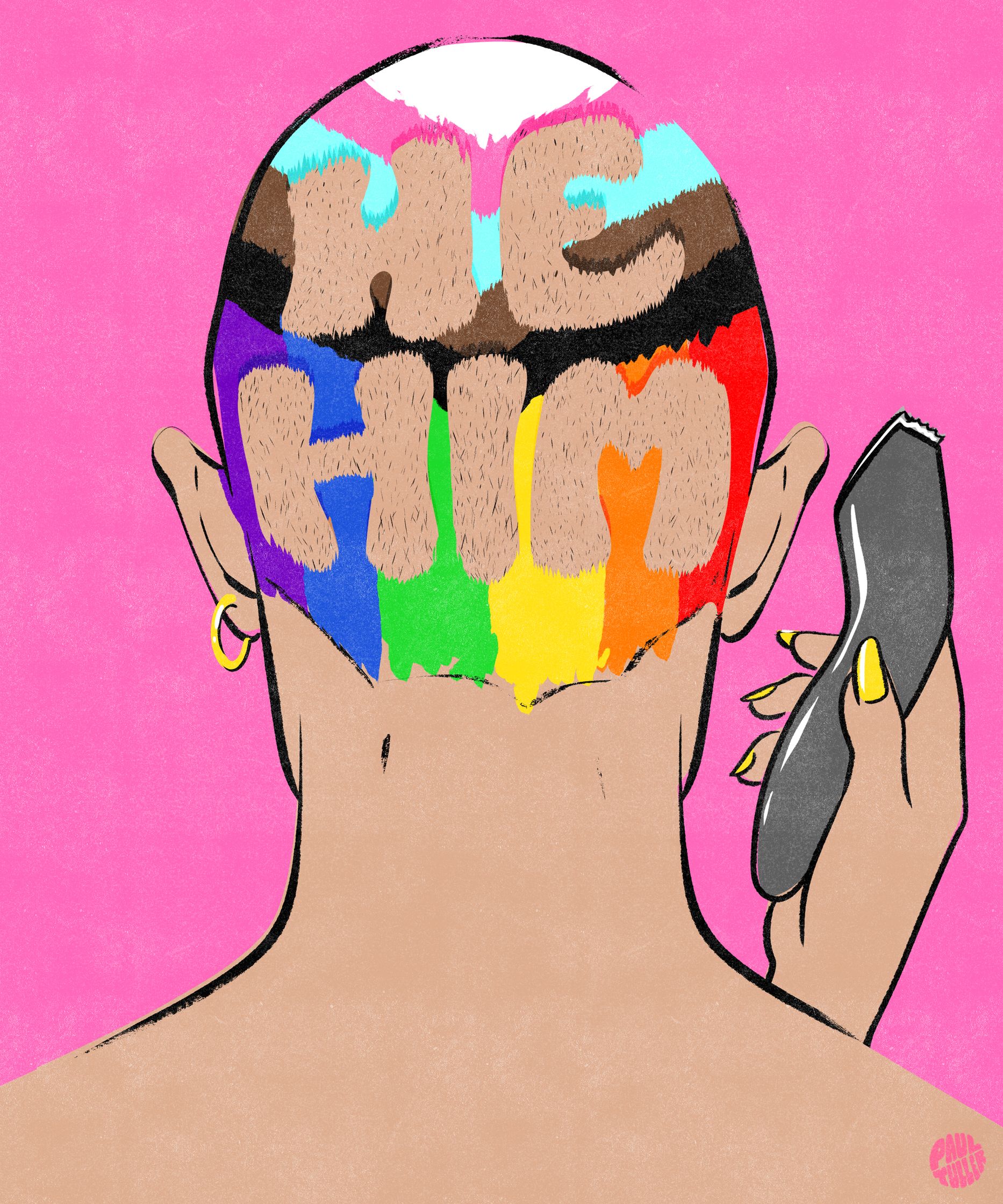 an illustration of a man with a shaved head with pronouns, LGBTQ pride illustration