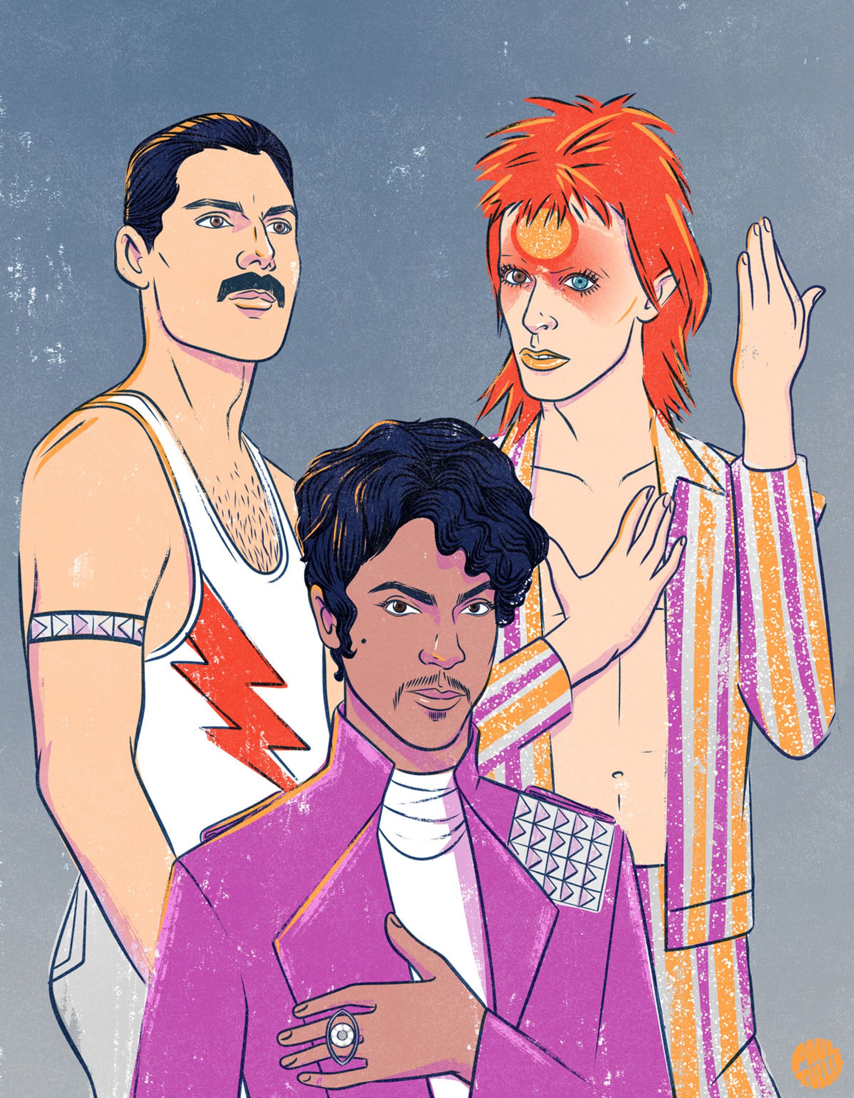 illustration of freddie mercury, bowie, and prince illustrated by Paul Tuller