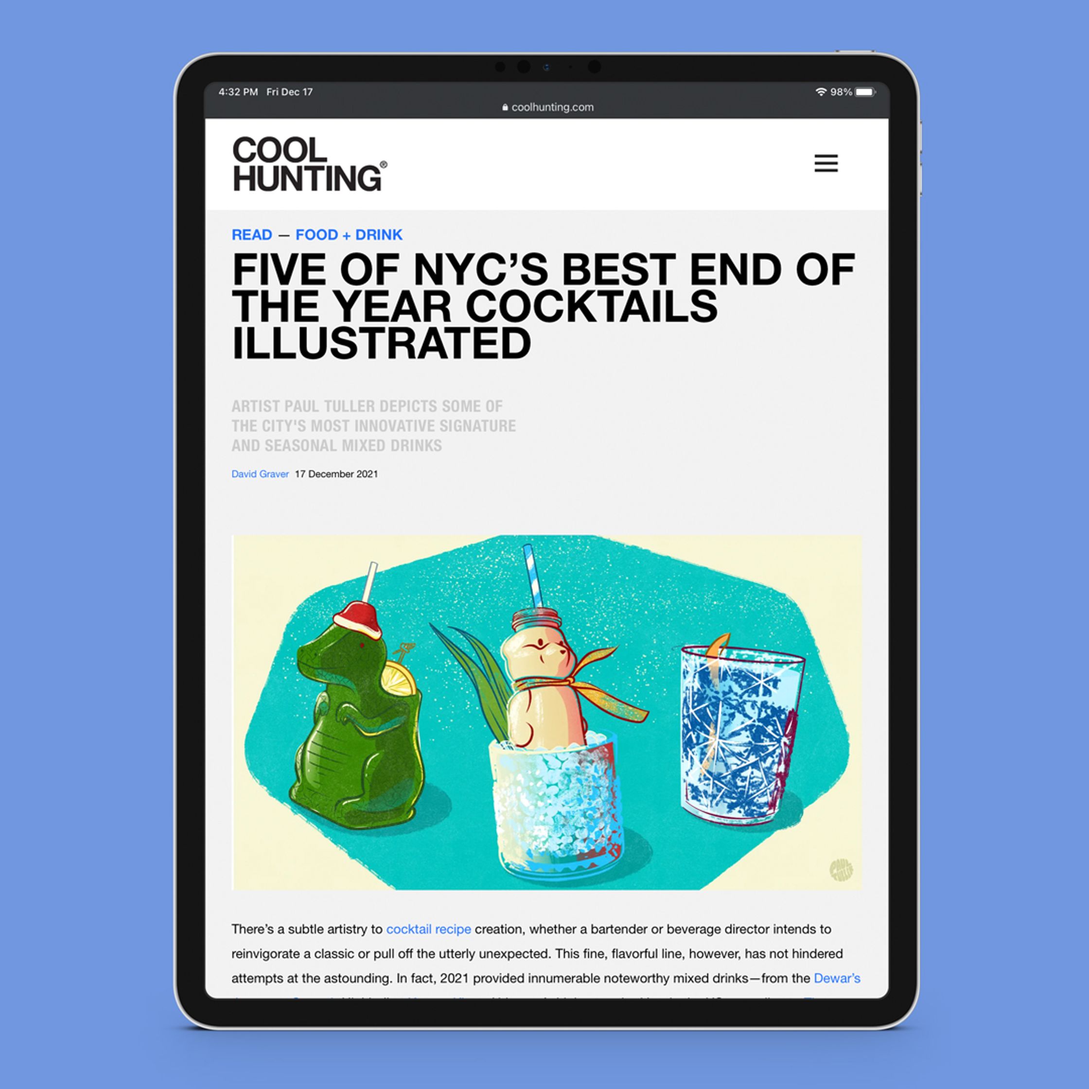 five of nyc's best end of the year cocktails illustrated by Paul Tuller, article on an ipad