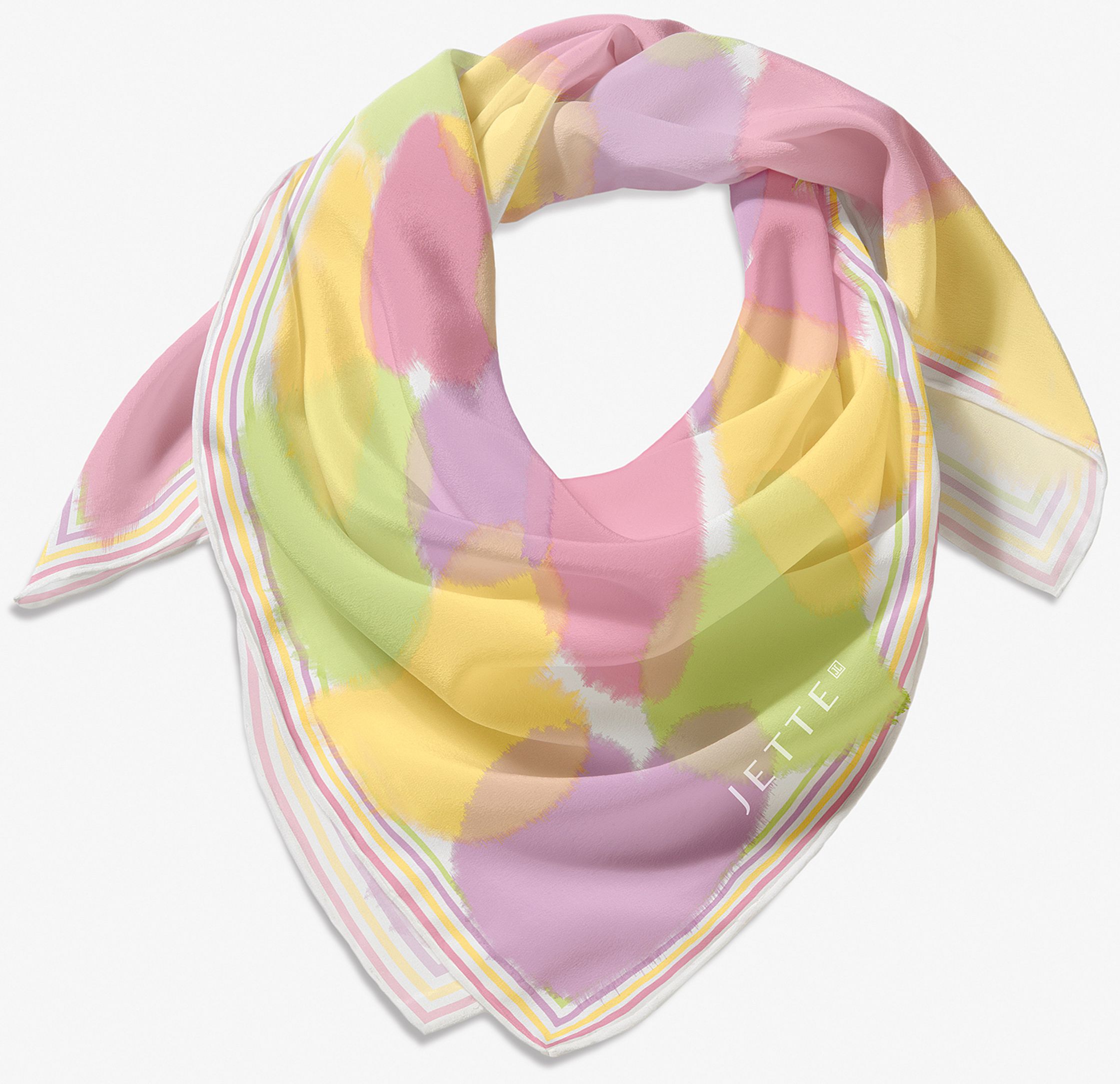 a pink, yellow, and green scarf with a paisley pattern commercial composing