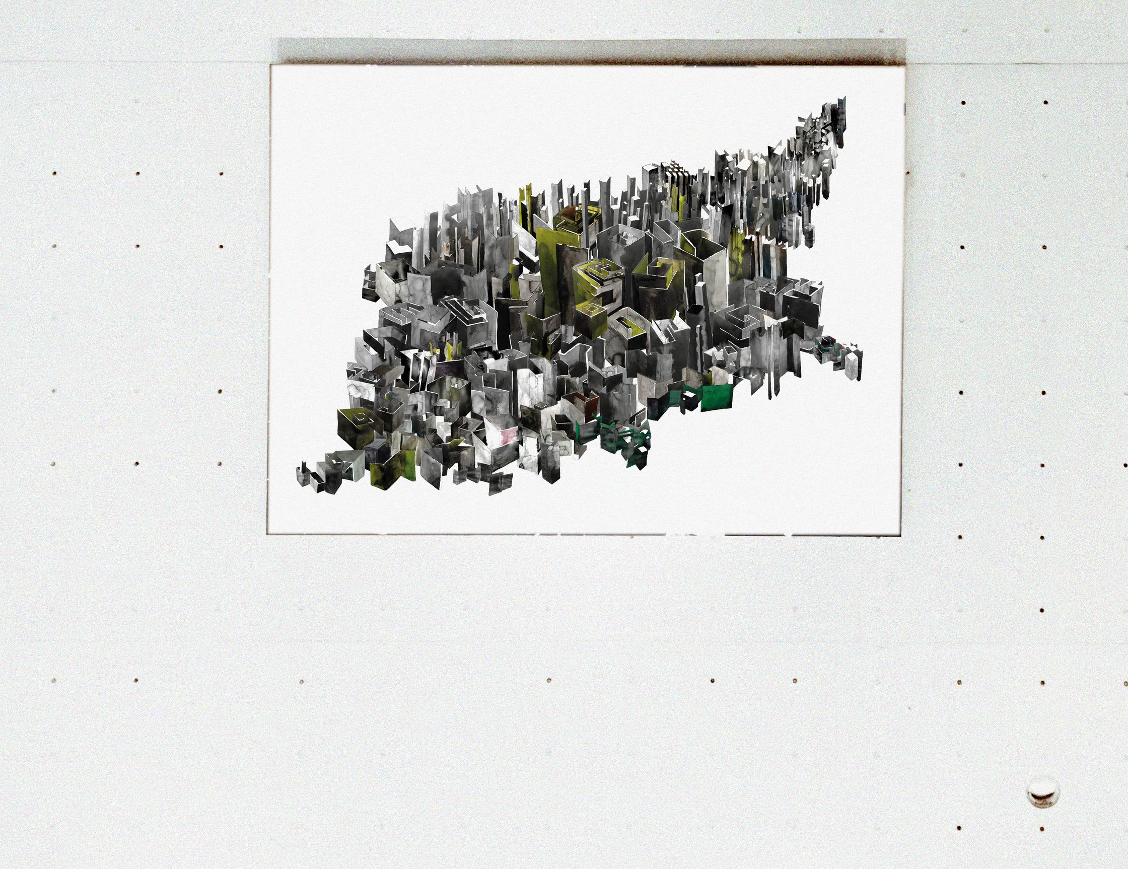 a painting of a city on a wall