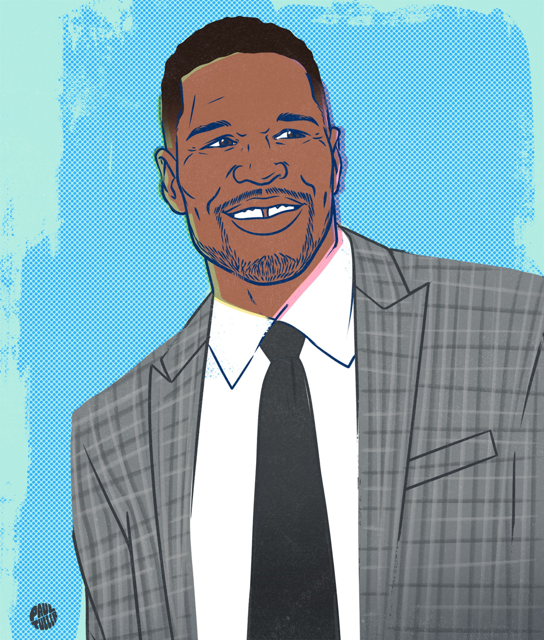 an illustration by Paul Tuller of Michael Strahan in a suit and tie for The Wall Street Journal