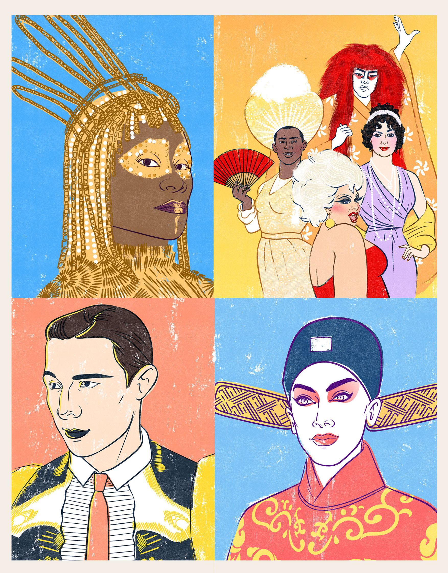 illustration by paul tuller of Billy Porter, drag queens, shi pei pu,