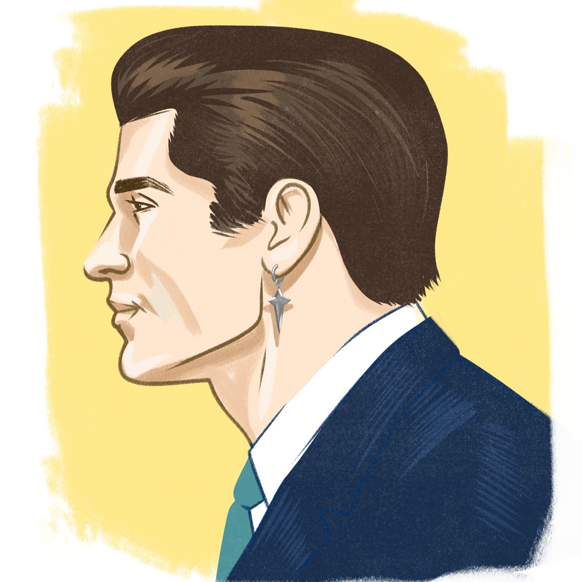 Editorial illustration by Paul Tuller of a 1980s influenced guy with slick hair and a big earring