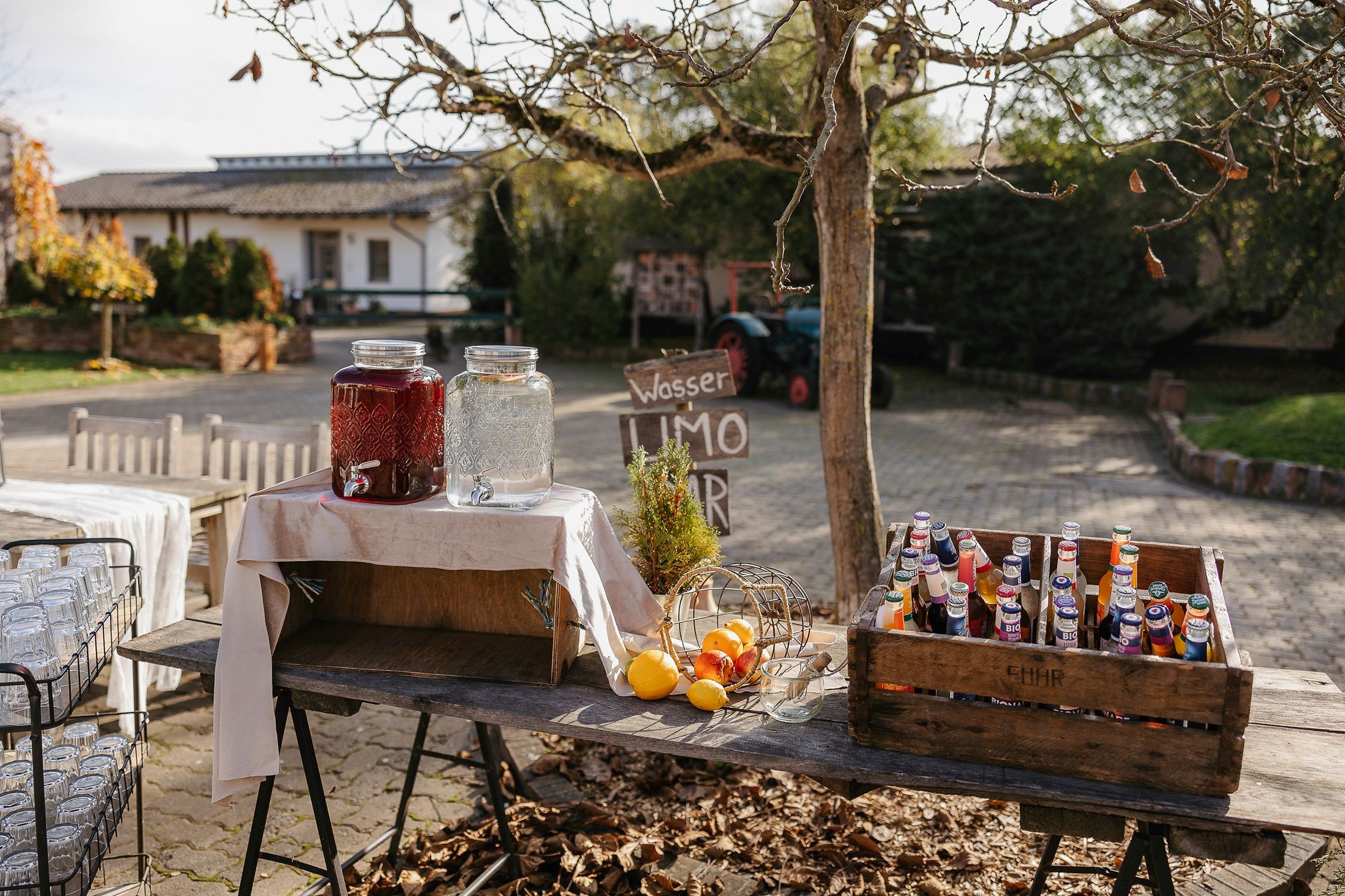 ein Tisch mit Getränken und ein Baum im Hintergrund auf dem marienhof fecher