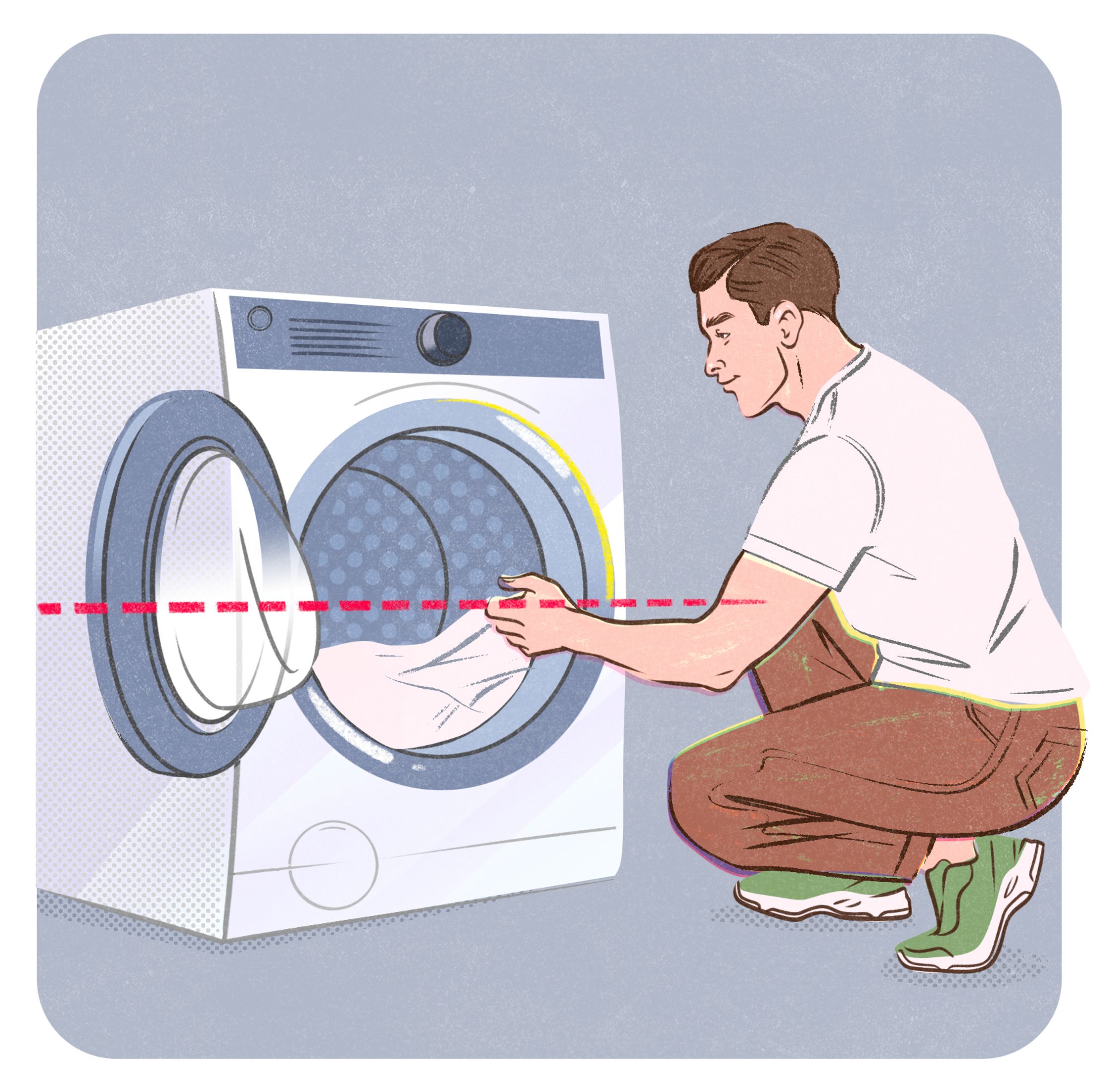 Editorial illustration by Paul Tuller of a man loading a luandry machine to the optimum level for The Wall Street Journal