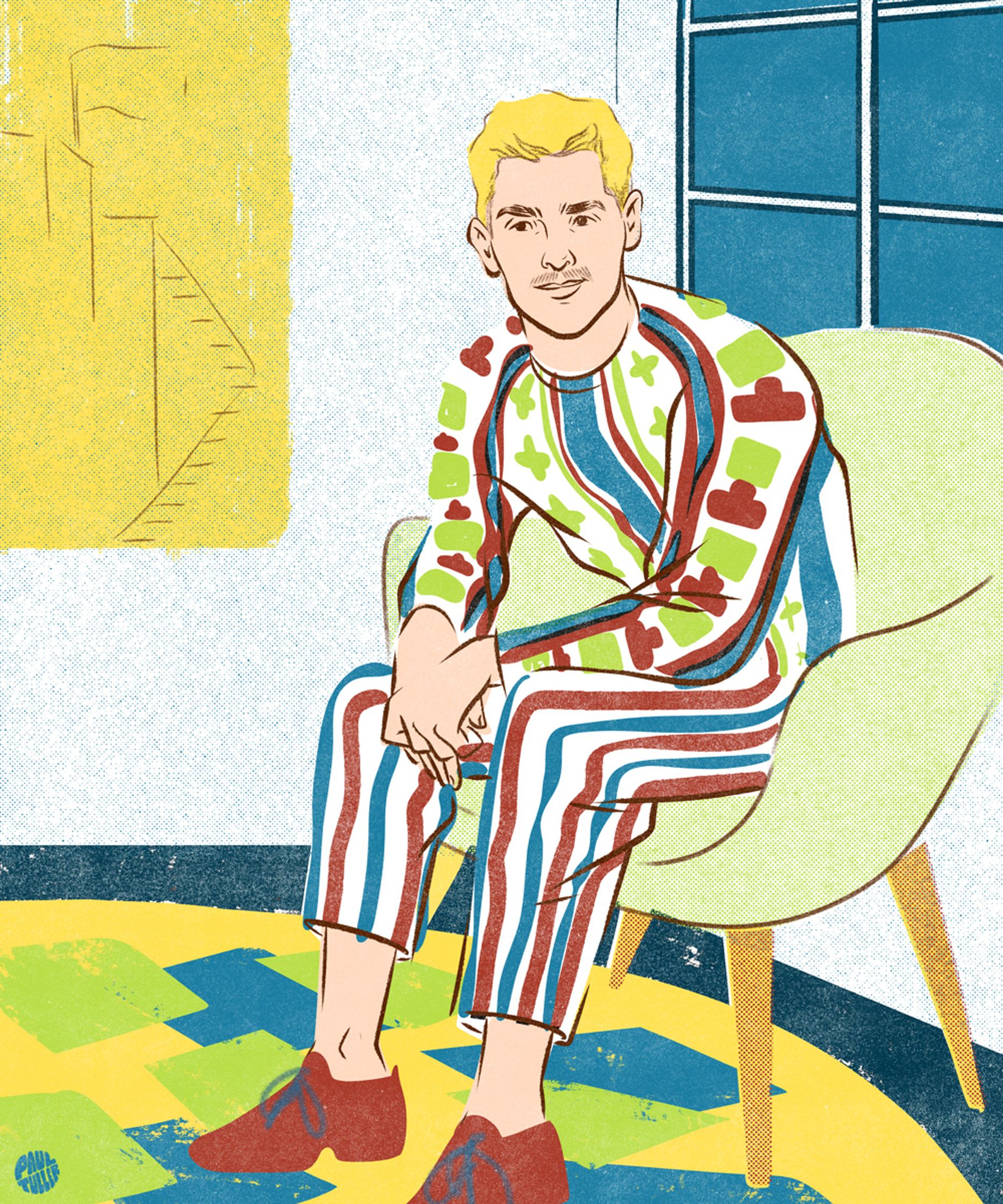 a style menswear illustration by Paul Tuller of a man sitting in a chair with lots of patterns