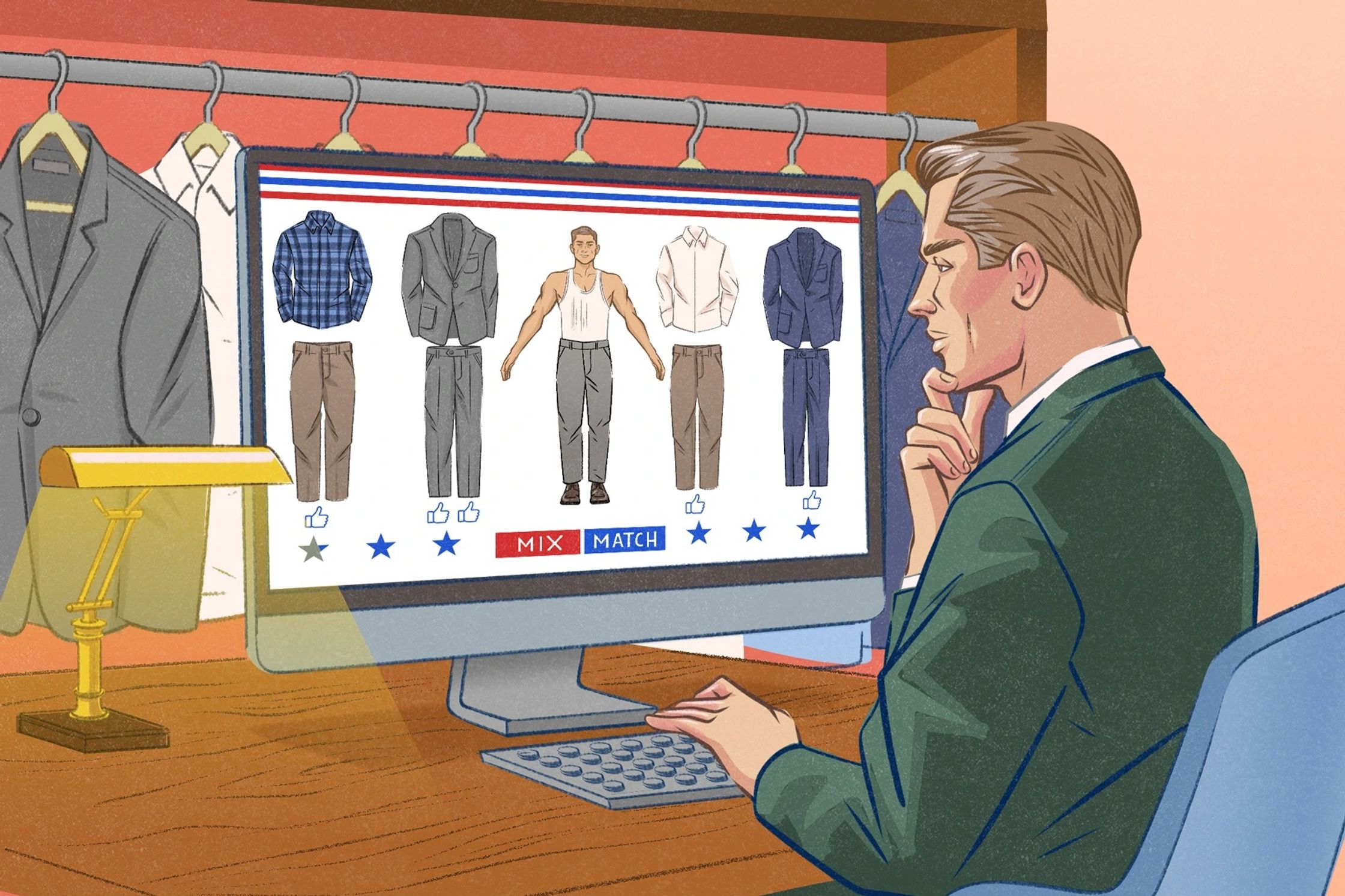 an illustration by Paul Tuller of a man looking at clothes on a computer screen for Politico, editorial illustration