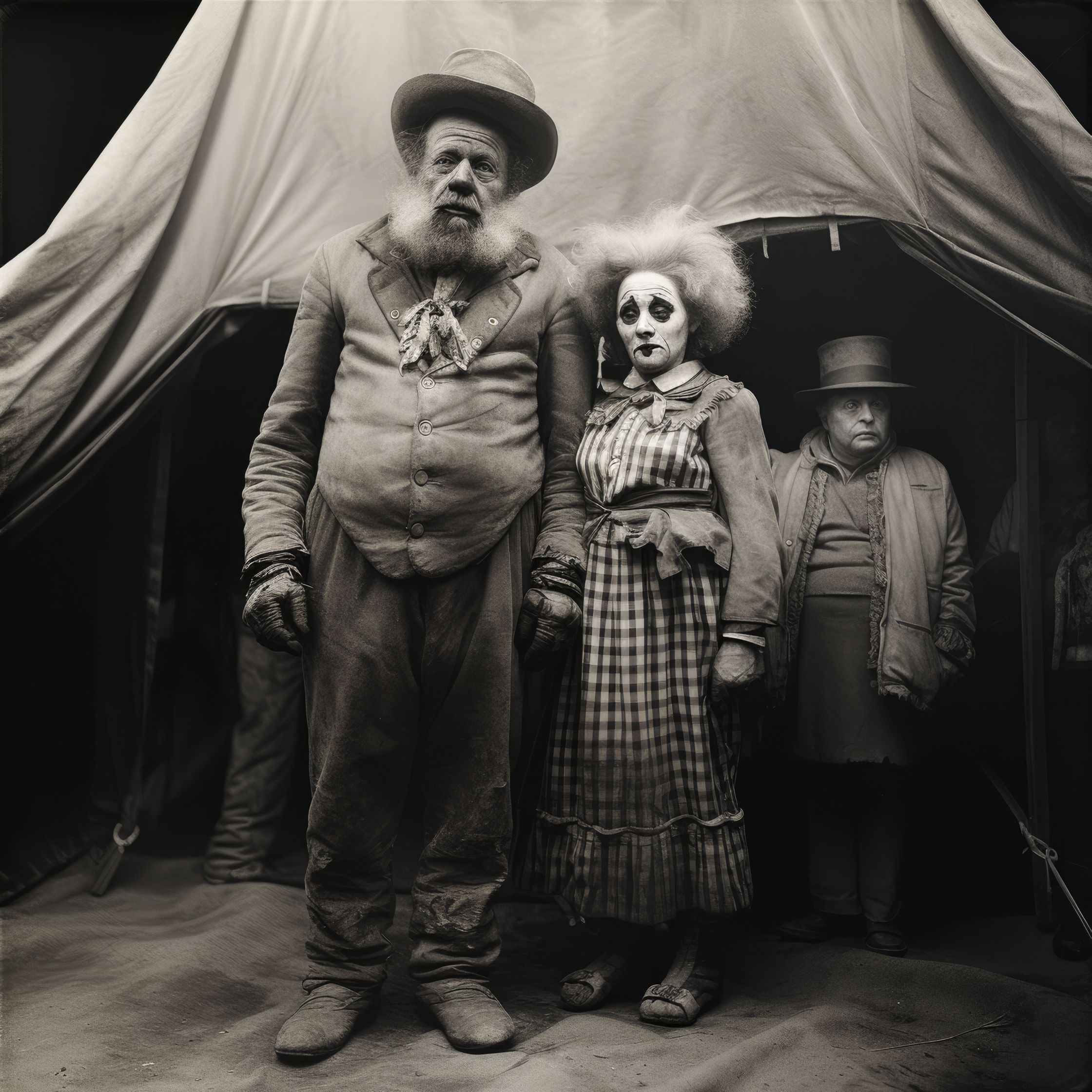 early 20th century, a group of three people standing in front of a circus tent, artwork created with the help of AI