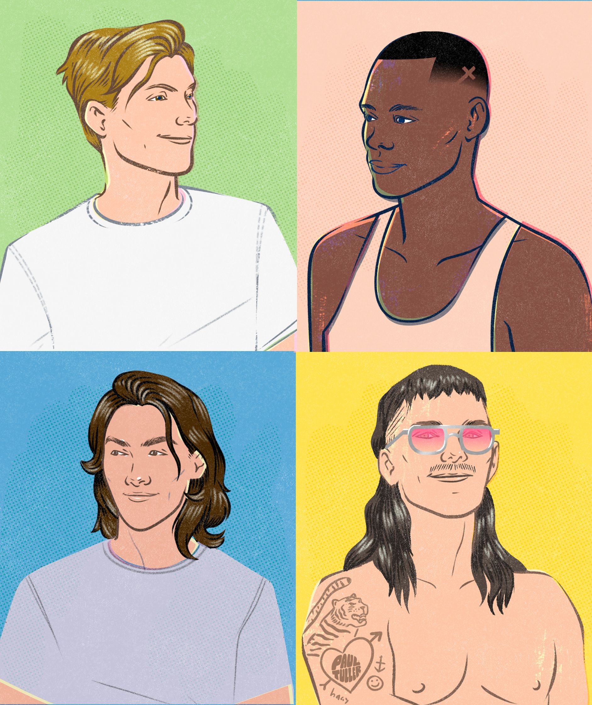 an illustration by Paul Tuller of four men with different hairstyles in different colors for The Wall Street Journal