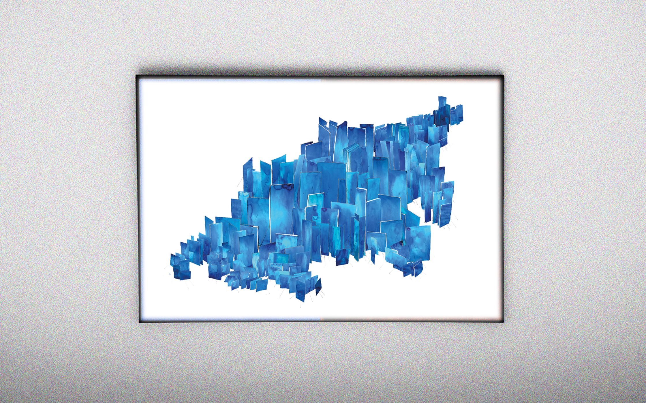 a blue map of a city on a white wall