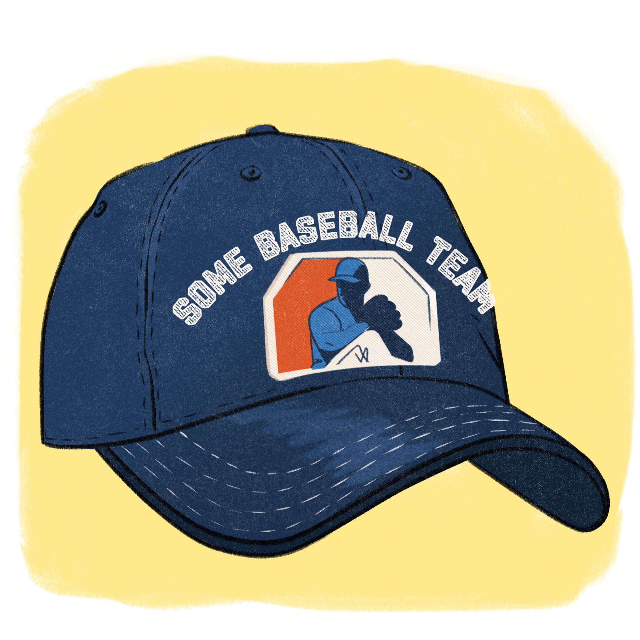 Editorial illustration by Paul Tuller of a baseball cap with the words some baseball team on it for The Wall Street Journal