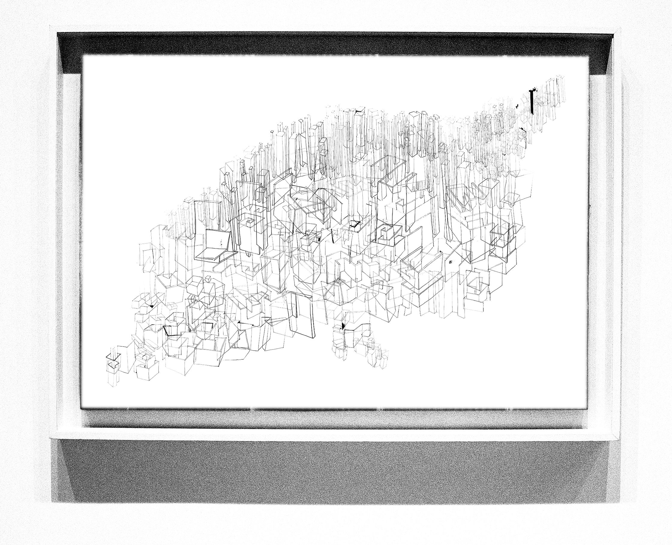 a black and white drawing of a city in a frame