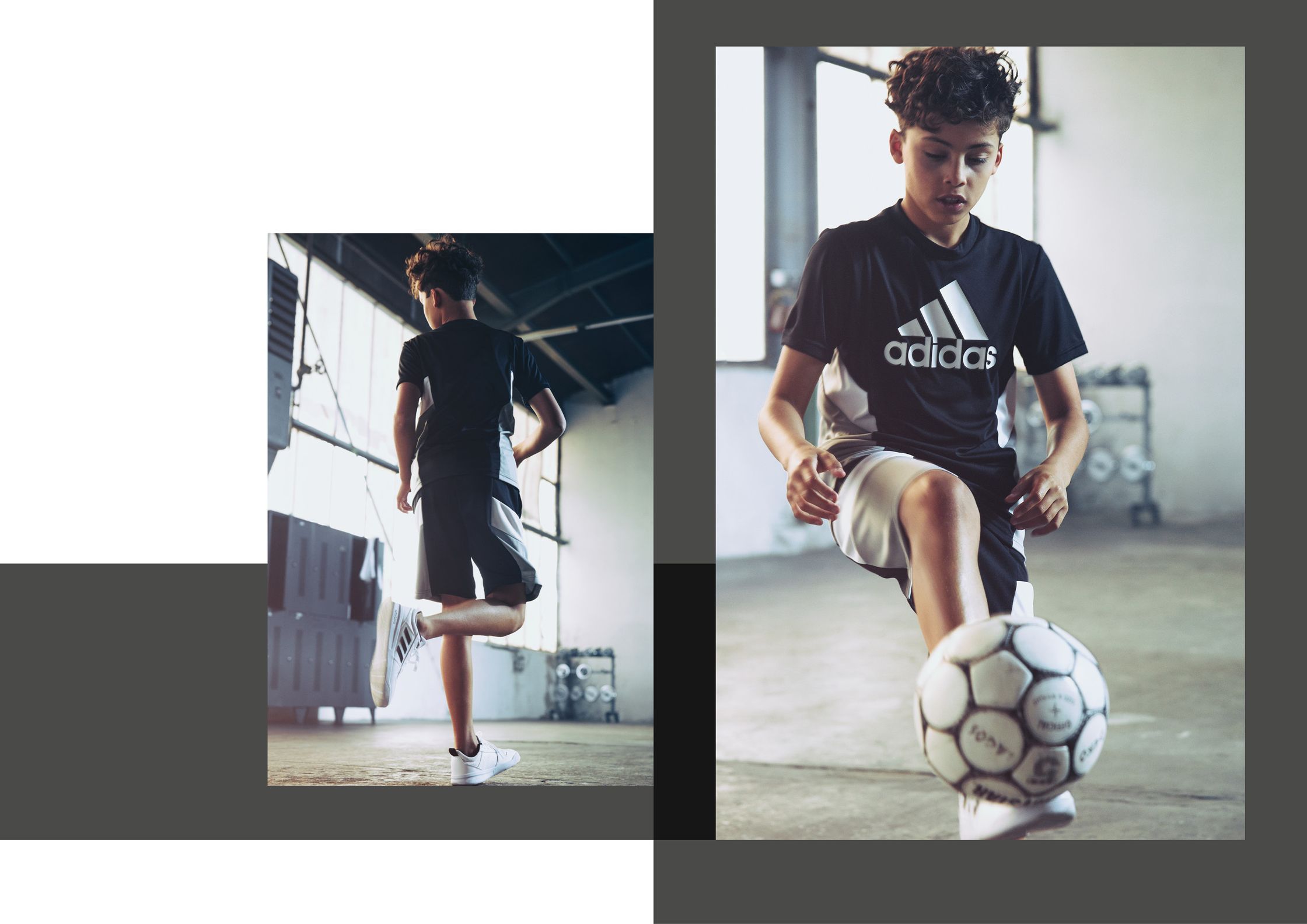 a boy is kicking a soccer ball in a gym