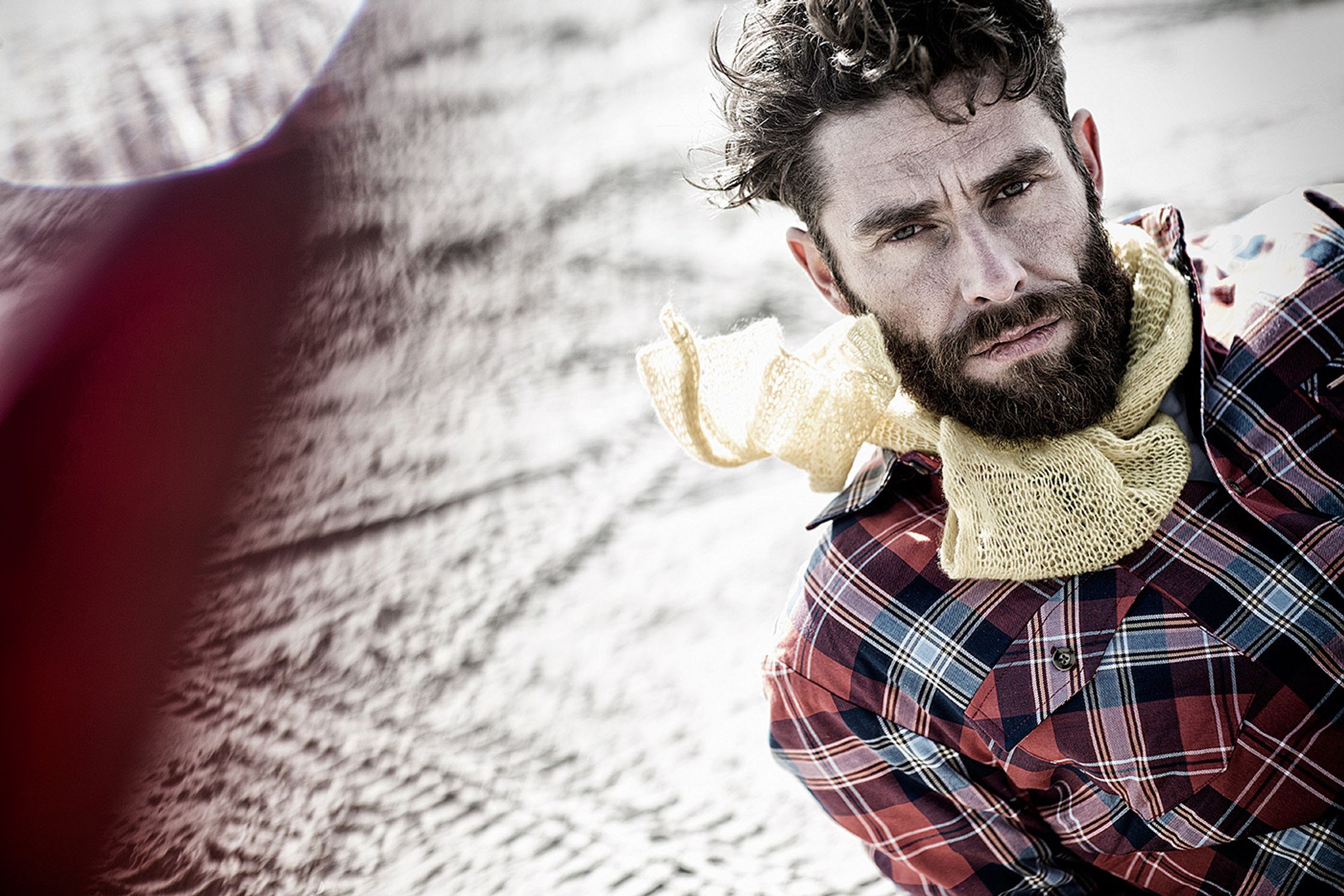 a bearded man in a plaid shirt with a scarf post production image campaign