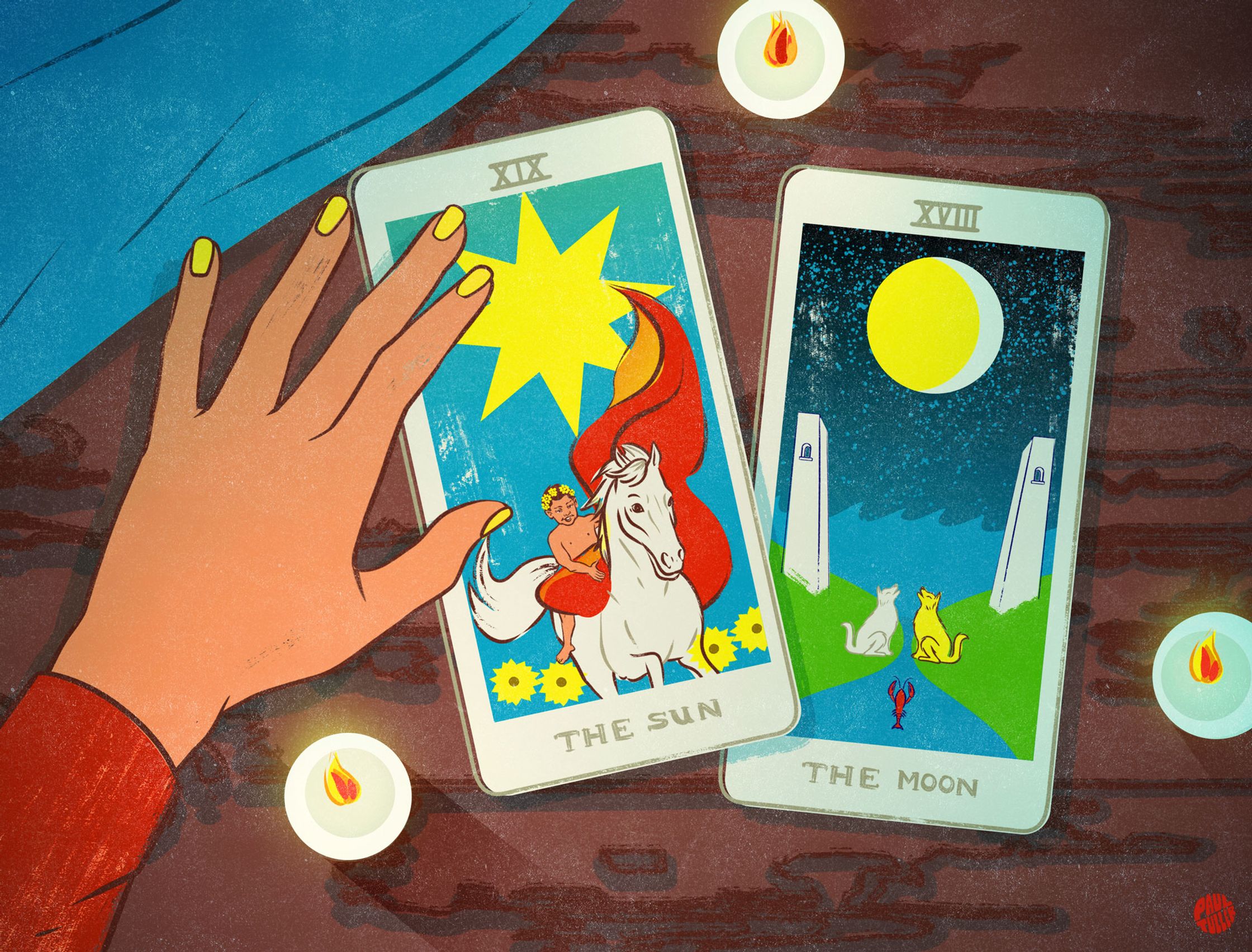 a hand holding tarot cards The Sun and The moon, illustration by Paul Tuller