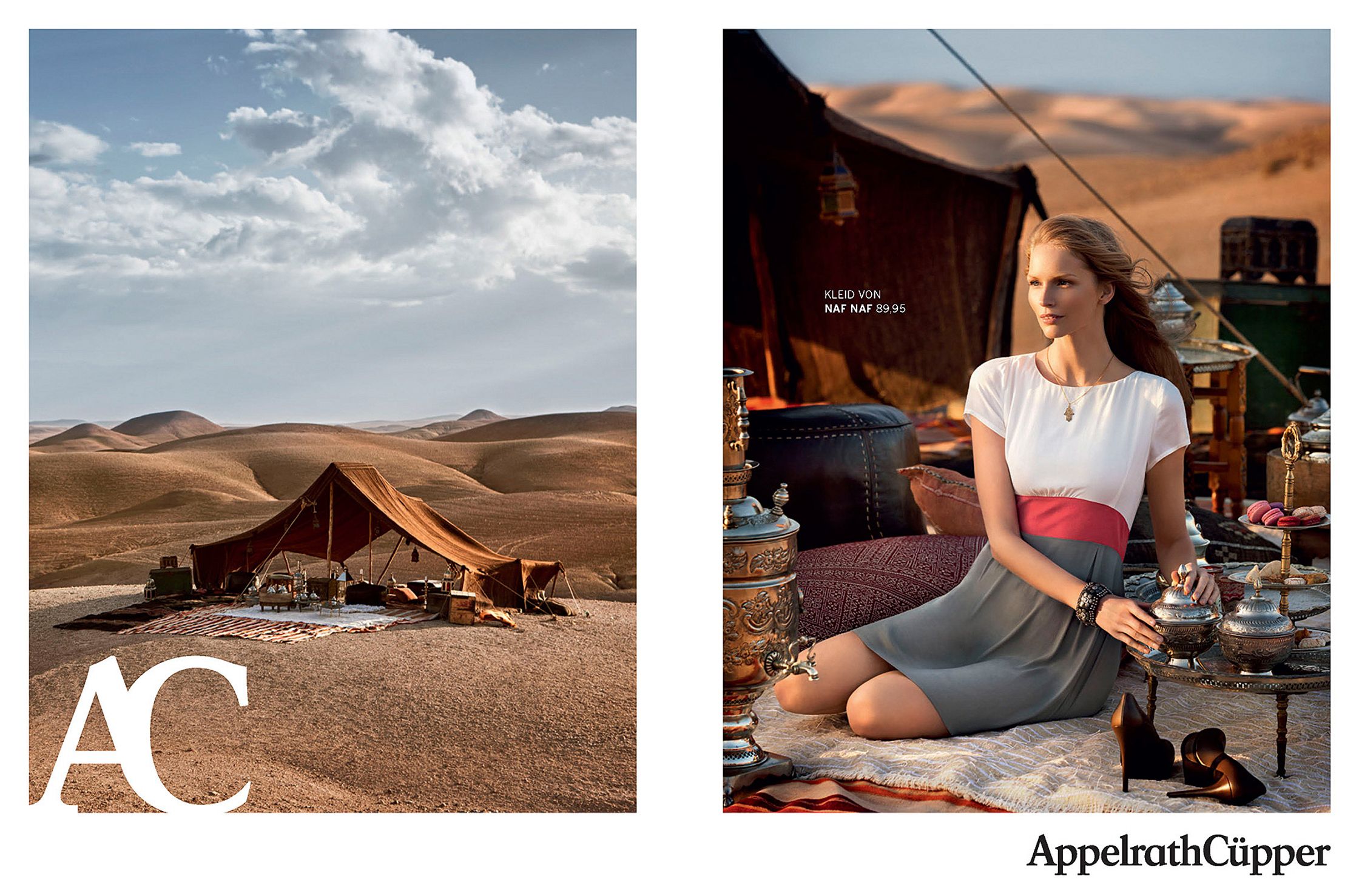 two pictures of a woman in the desert with a tent fashion retouche