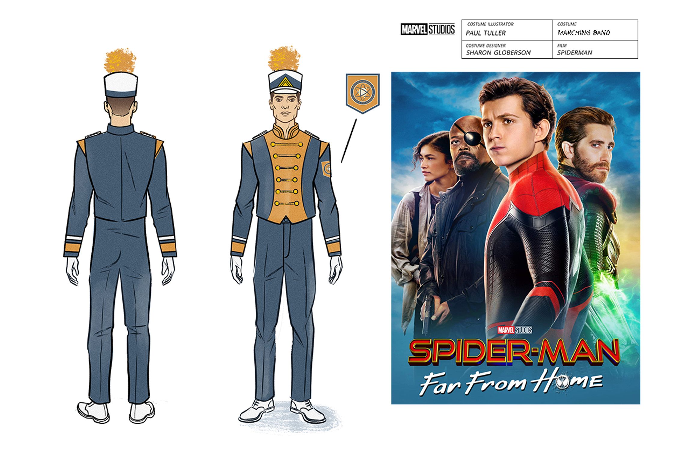 Costume Illustrations by Paul Tuller of the high school Marching Band outfit for Spiderman Far From Home, costume design