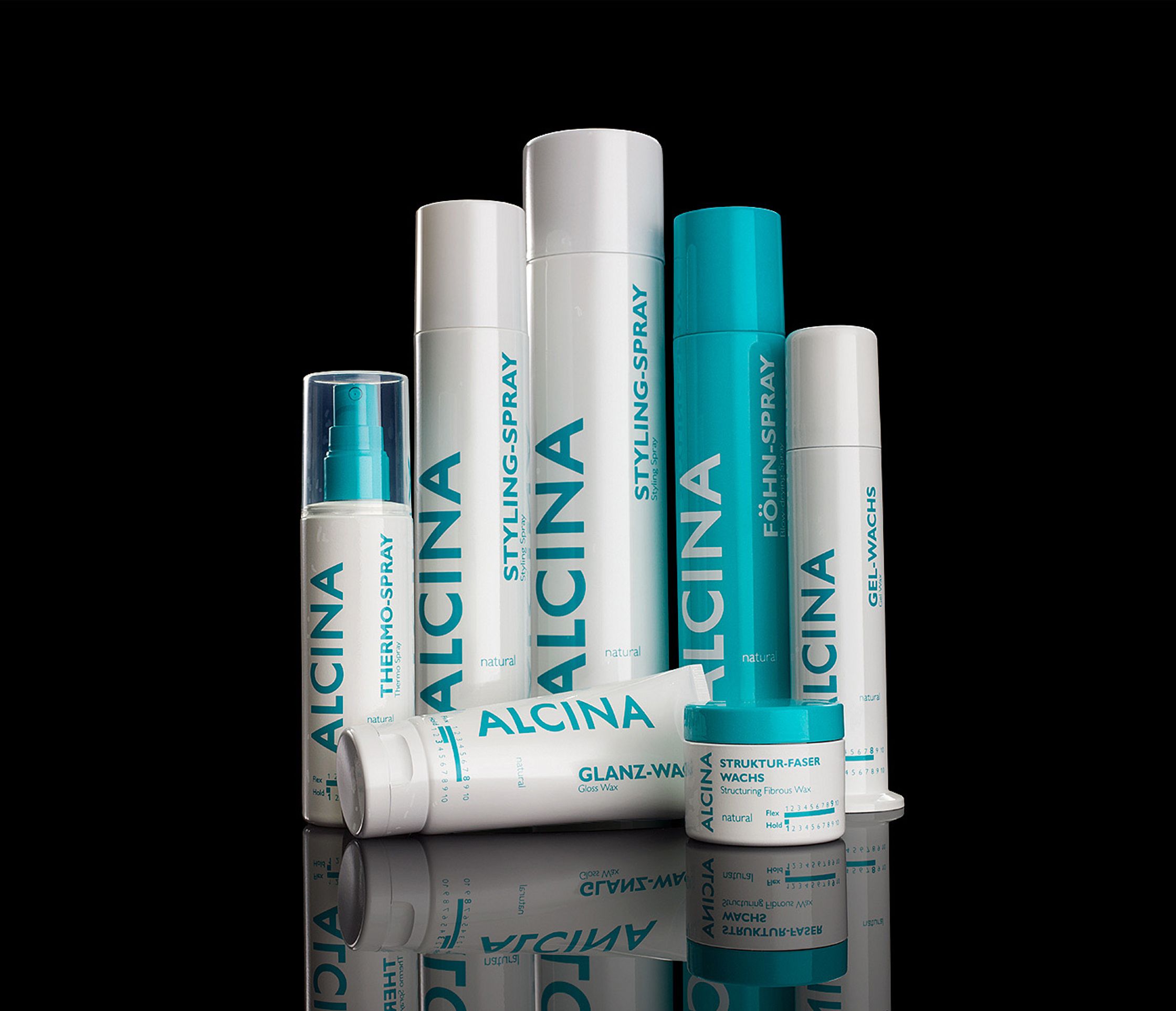 alcina skincare products on a black background retouch cosmetic