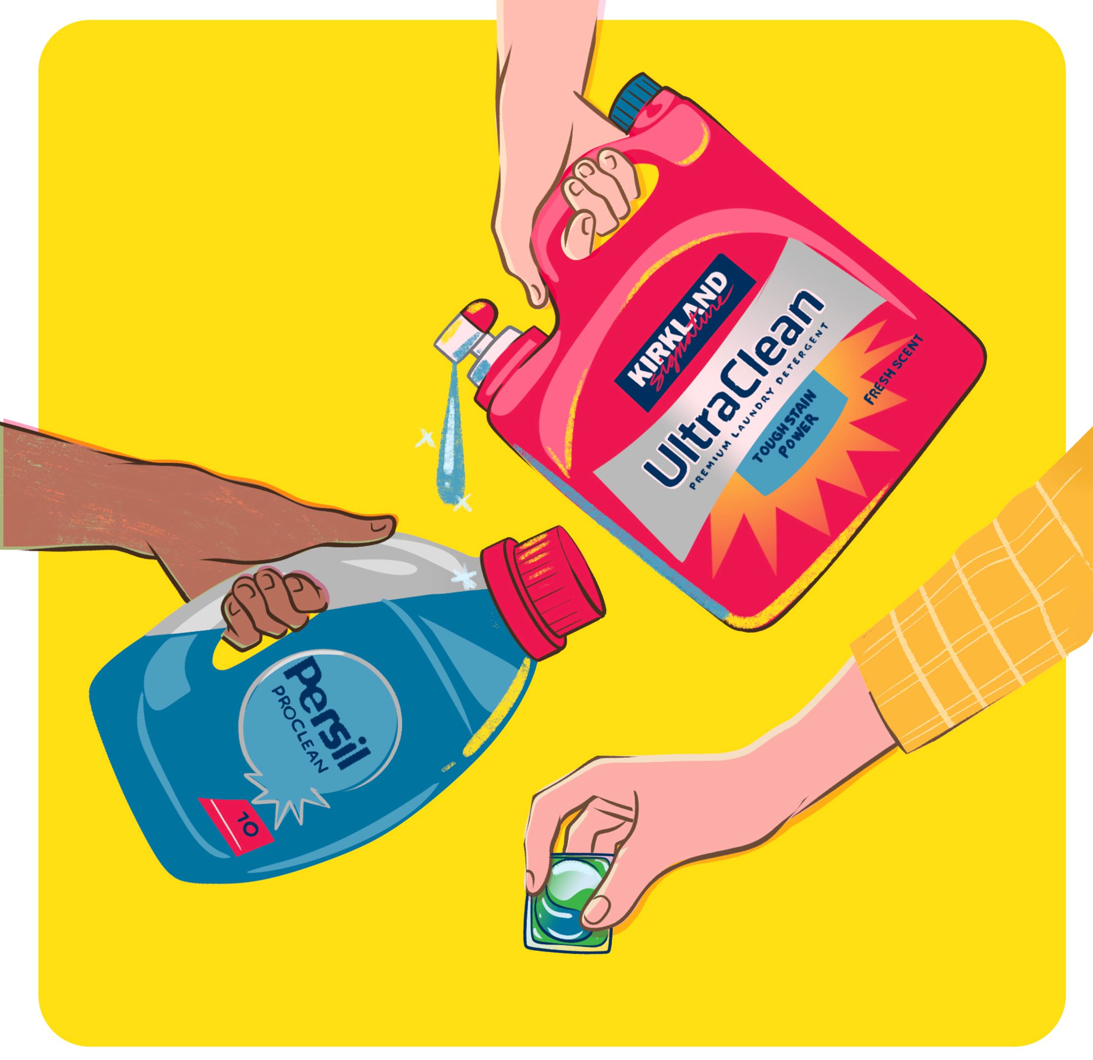 illustration of laundry detergents by Paul Tuller for The Wall Street Journal, kirkland ultraclean, persil detergent, tide pod