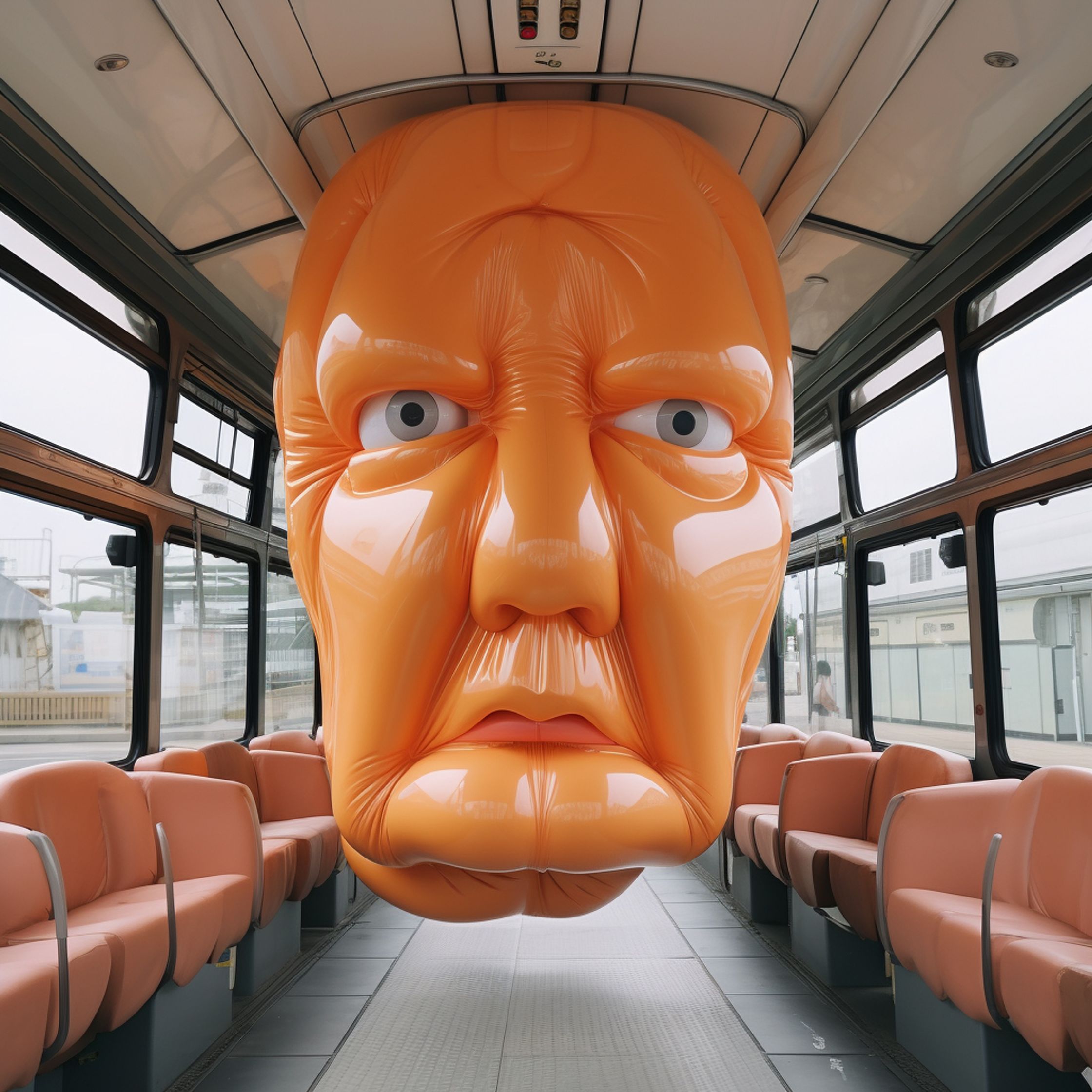 a large orange head on a bus