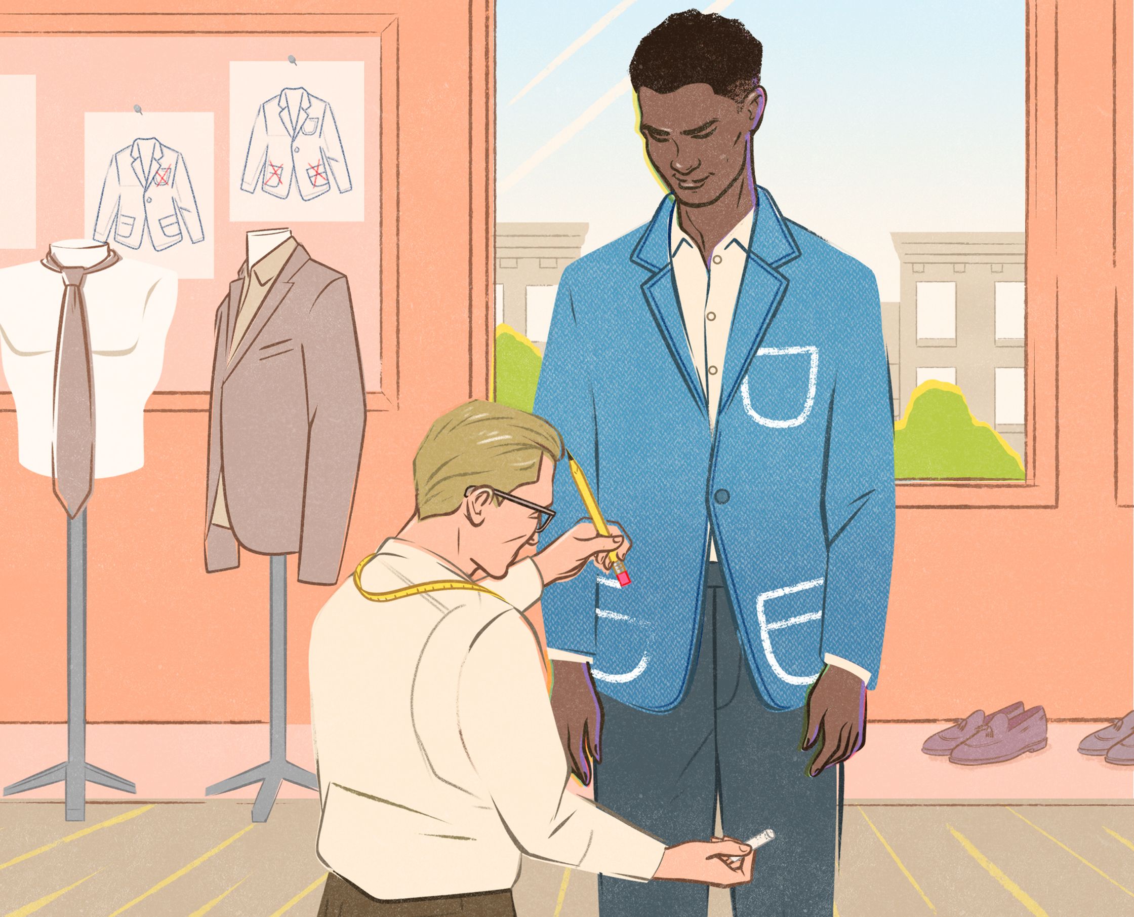 an illustration of a man measuring a man's suit by Paul Tuller for The Wall Street Journal, style section illustration of a tailor