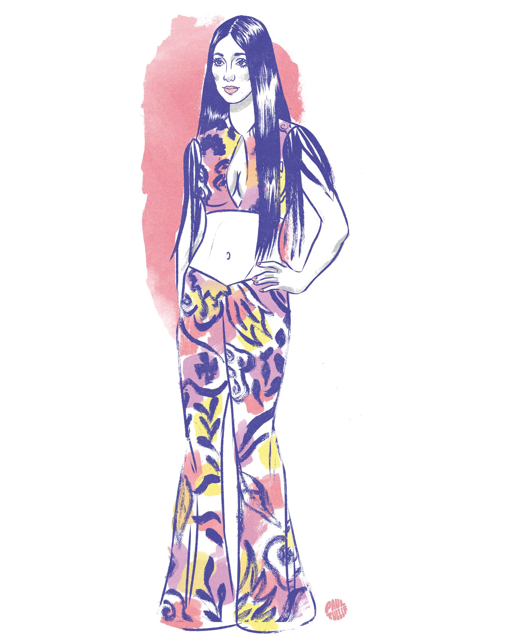 Illustration by Paul Tuller of a classic Cher outfit from the 1970s, floral jumpsuit