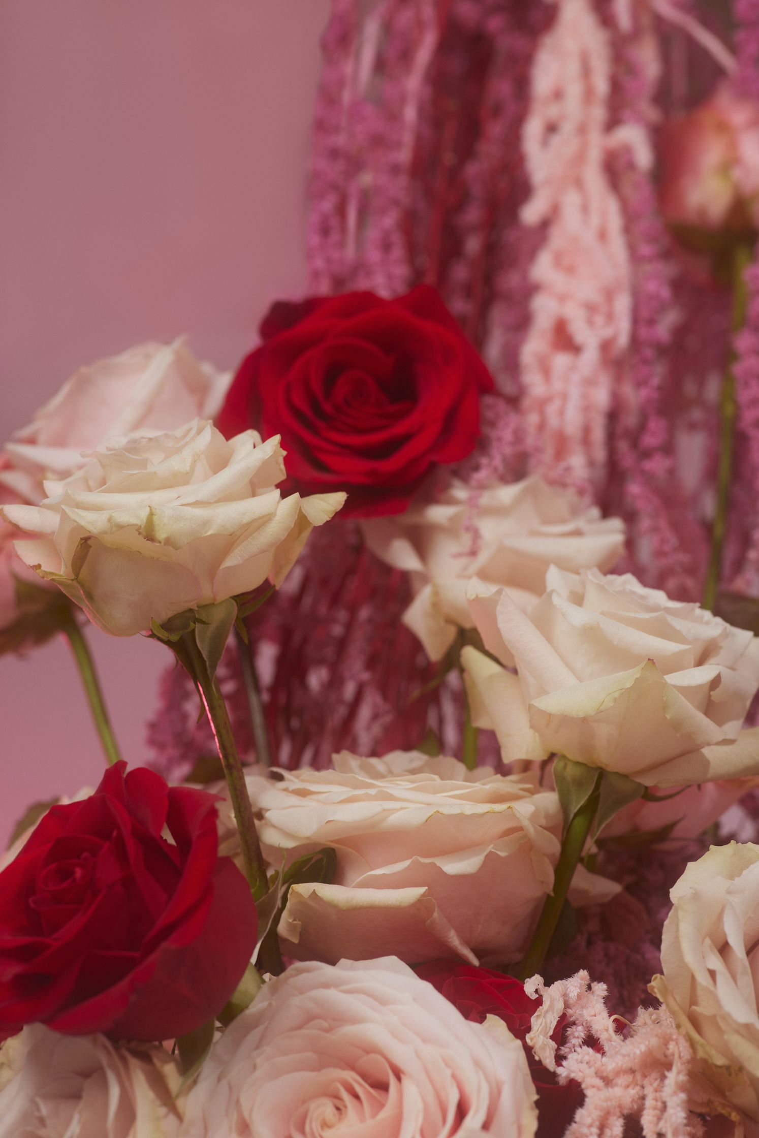 a bunch of red and white roses in a vase