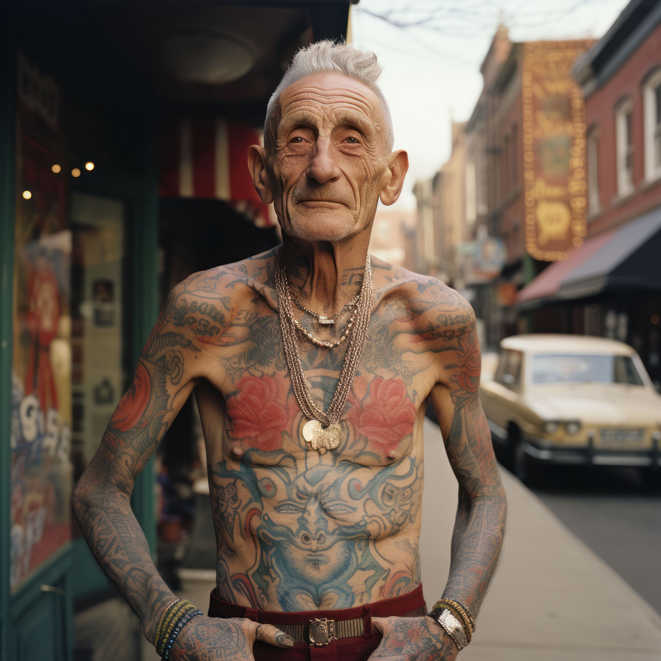 an old man with tattoos on his chest