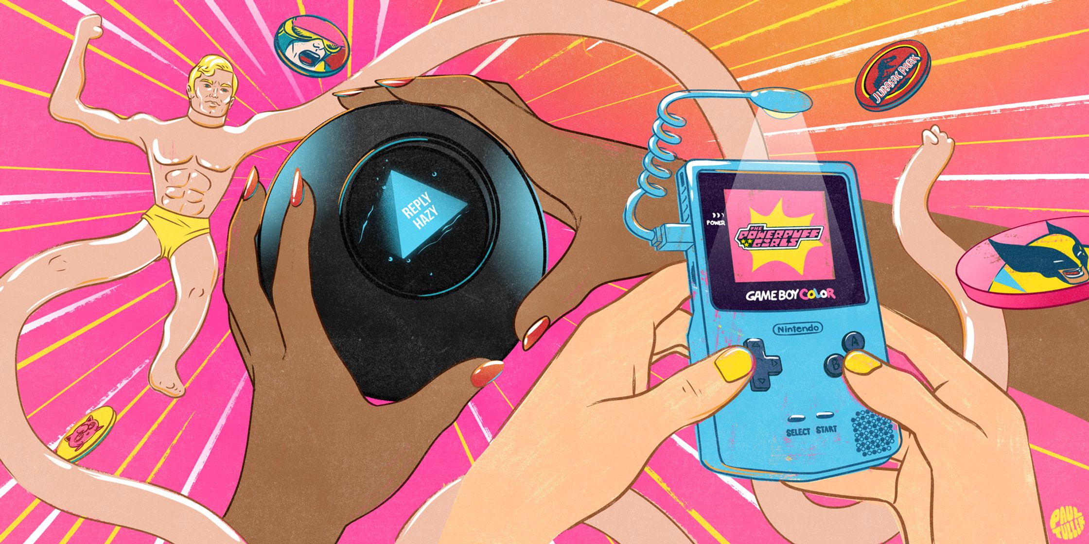 an illustration by Paul Tuller of a person holding a gameboy and magic 8 ball with stretch armstrong, nostalgic 2000s