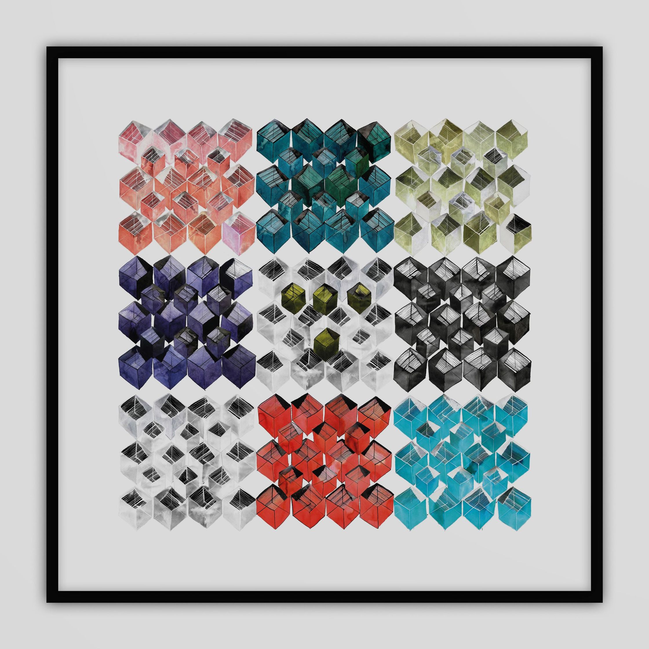 a ink composition of 162  cubes in a wooden frame