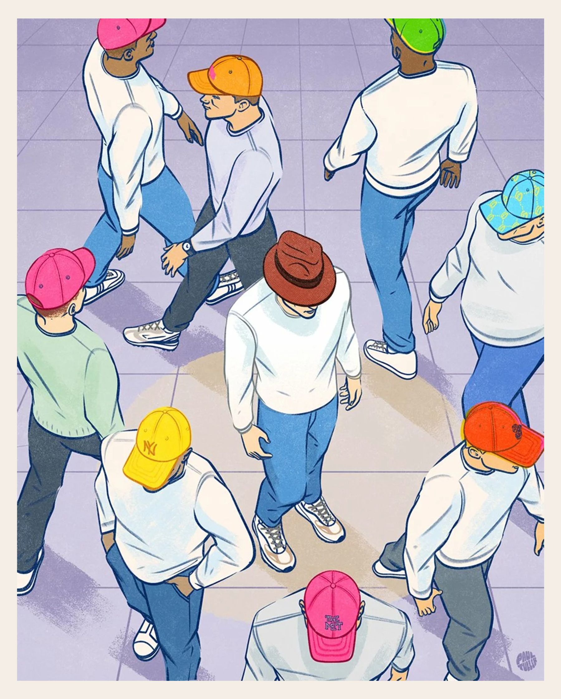 an illustration by Paul Tuller of a group of people wearing different colored hats for The Wall Street Journal style section