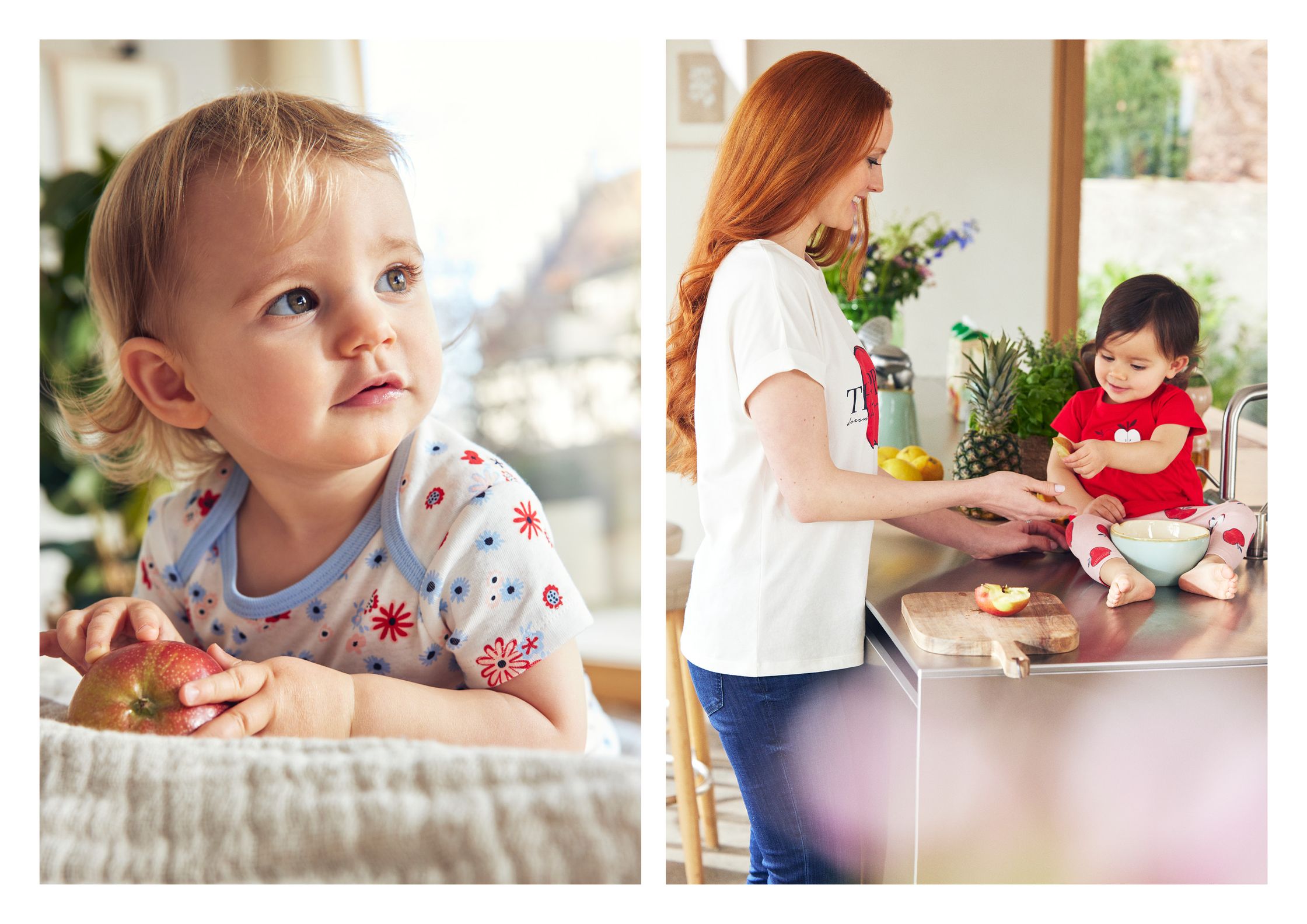 two pictures of a woman and a baby in the kitchen
