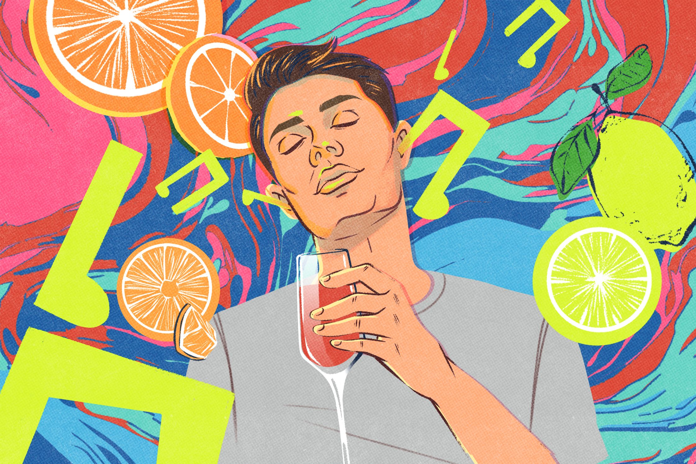 an illustration by Paul Tuller of a man holding a drink experiencing synethesia for Campari Academy