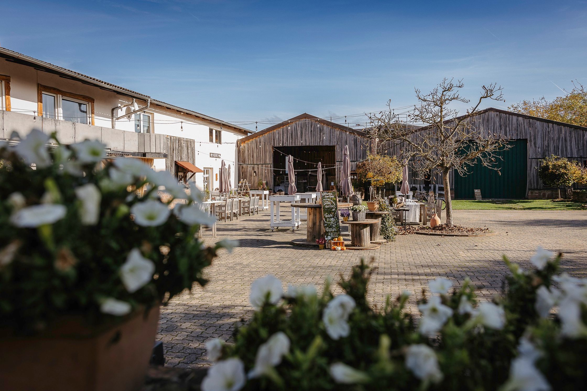 die Außenseite einer Scheune auf dem marienhof fecher in niedernberg mit Blumen in Töpfen